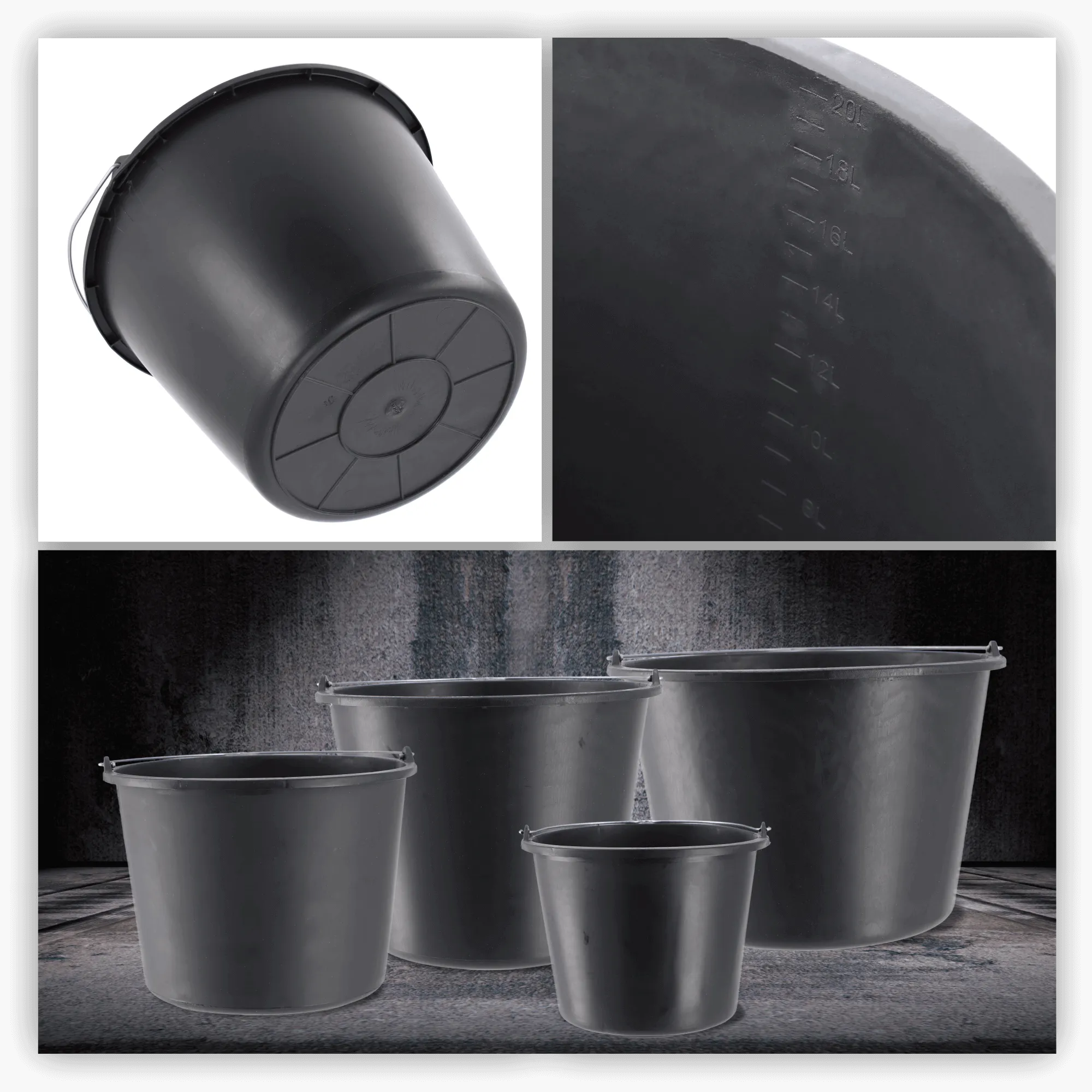 Bado statybiniai kibirai 20L, juodi, 6 vnt.