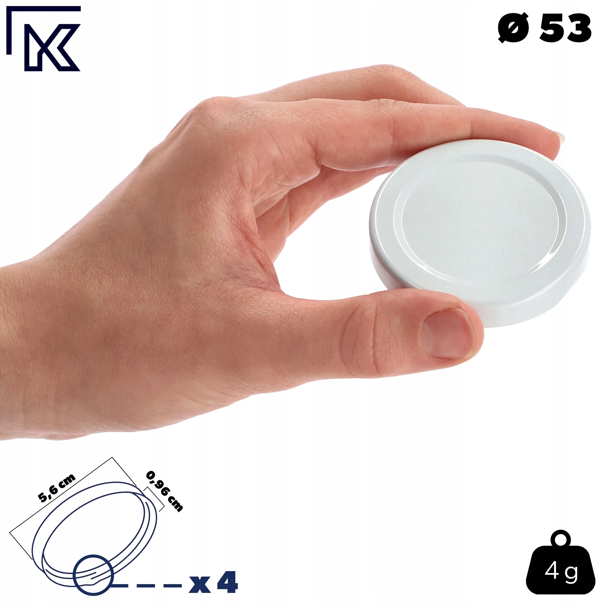 Kalbo metaliniai dangteliai stiklainiams ir buteliams, 10 vnt., 53 mm skersmens, balti