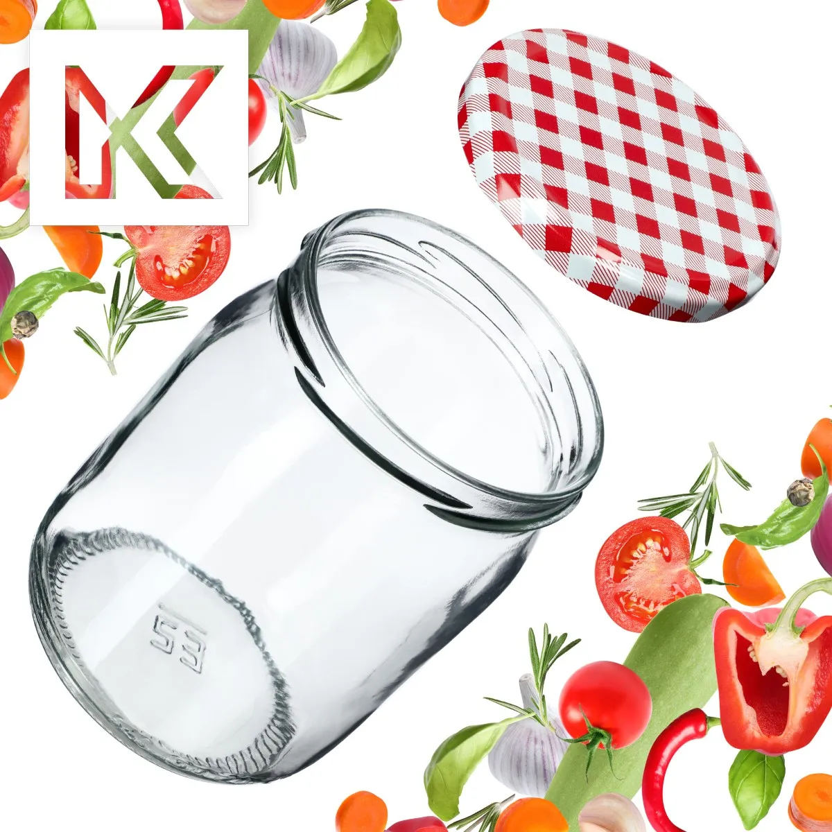 Senos stiklainiai 540 ml, 48 vnt., 82 mm + dangteliai su raudonu tinkleliu