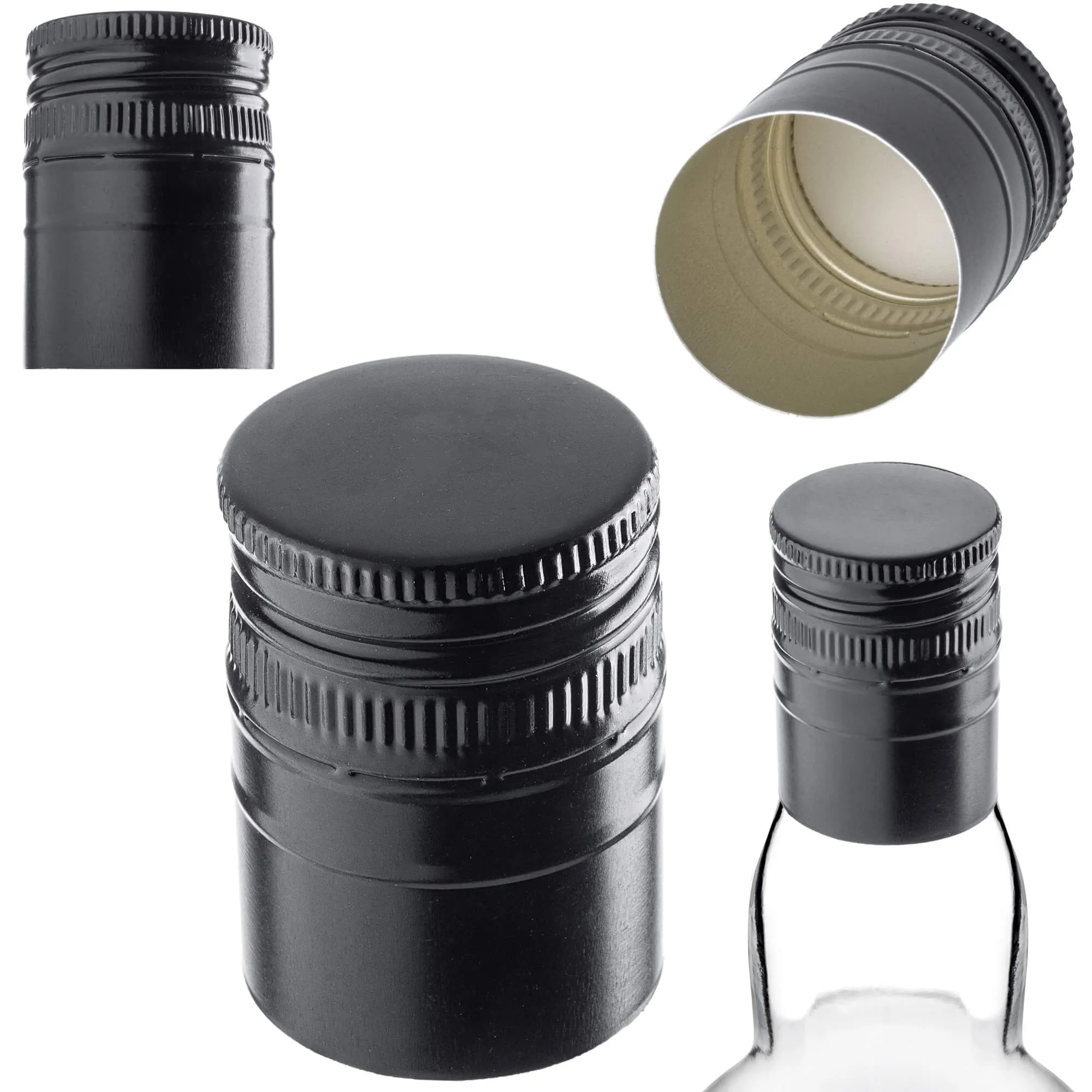 „Annot“ aliumininiai butelių kamšteliai, 31,5 mm skersmens, ilgi, juodi, 50 vnt.