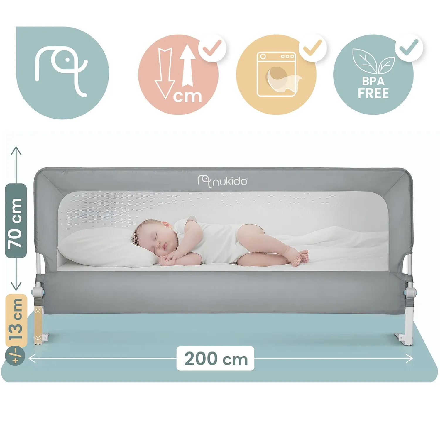 Lovos apsauginis turėklas, apsauginiai varteliai, spyna, 200 cm, Nukido NK-228, pilkas - nuotrauka 1