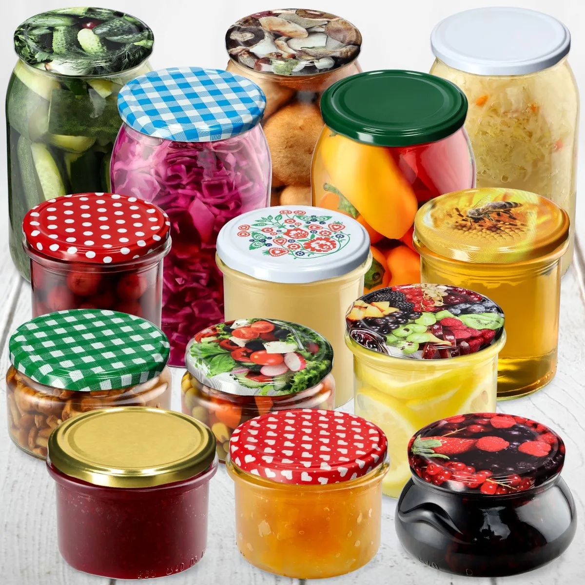Senos stiklainiai 540 ml, 48 vnt., 82 mm + dangteliai su raudonu tinkleliu