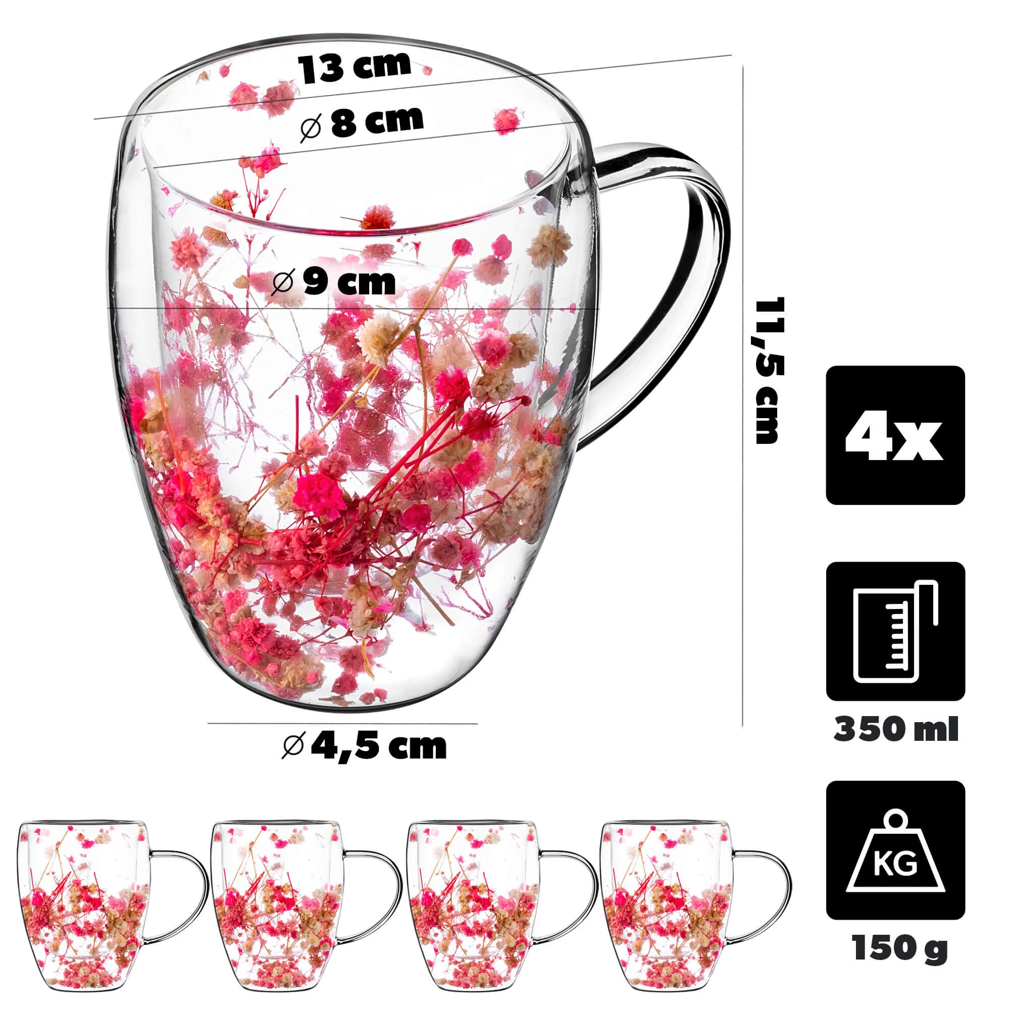 Terminis puodelis su gėlių motyvu „Riga“, 350 ml, rožinis, 4 vnt.