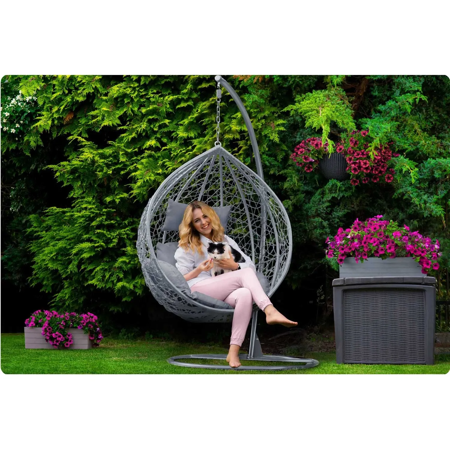 Havana pakabinama supamoji sodo kėdė, tamsiai pilka + pilkos pagalvėlės - nuotrauka 1