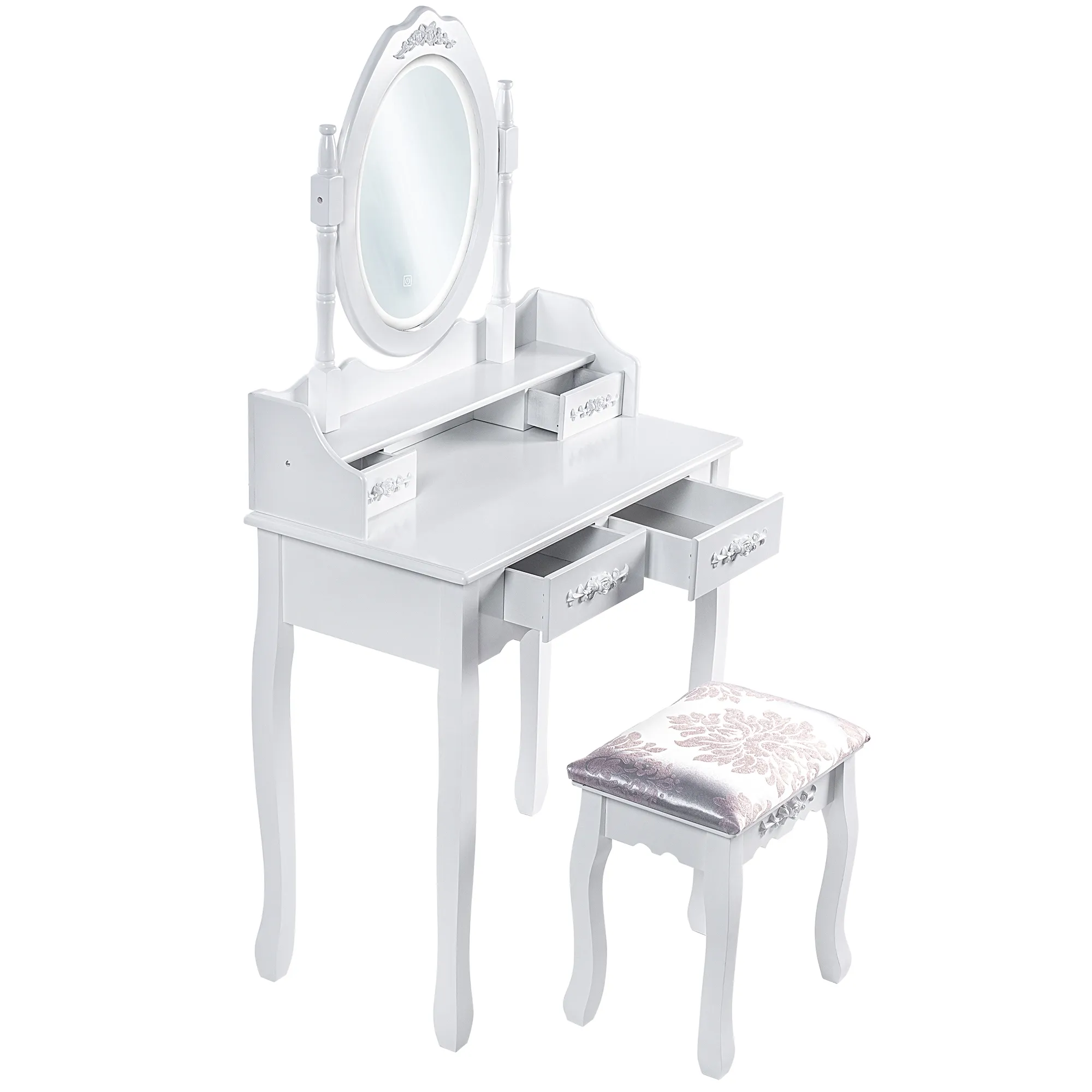 Tualetinis staliukas su veidrodžiu ir taburetėle 147 x 75 cm, baltas