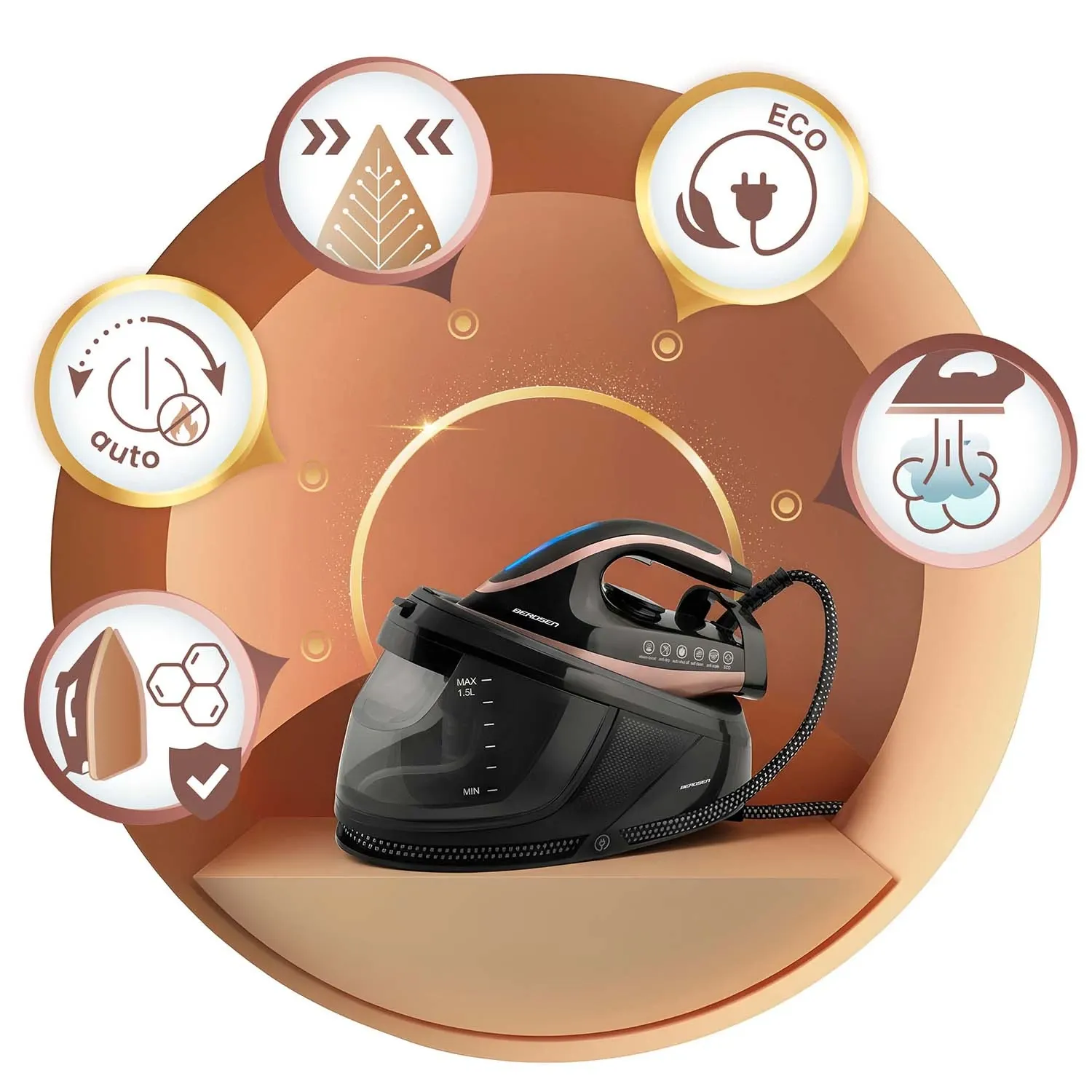 Garo stotelės lygintuvas su garų generatoriumi 3000 W, Berdsen BD-334, su keramine danga - nuotrauka 1