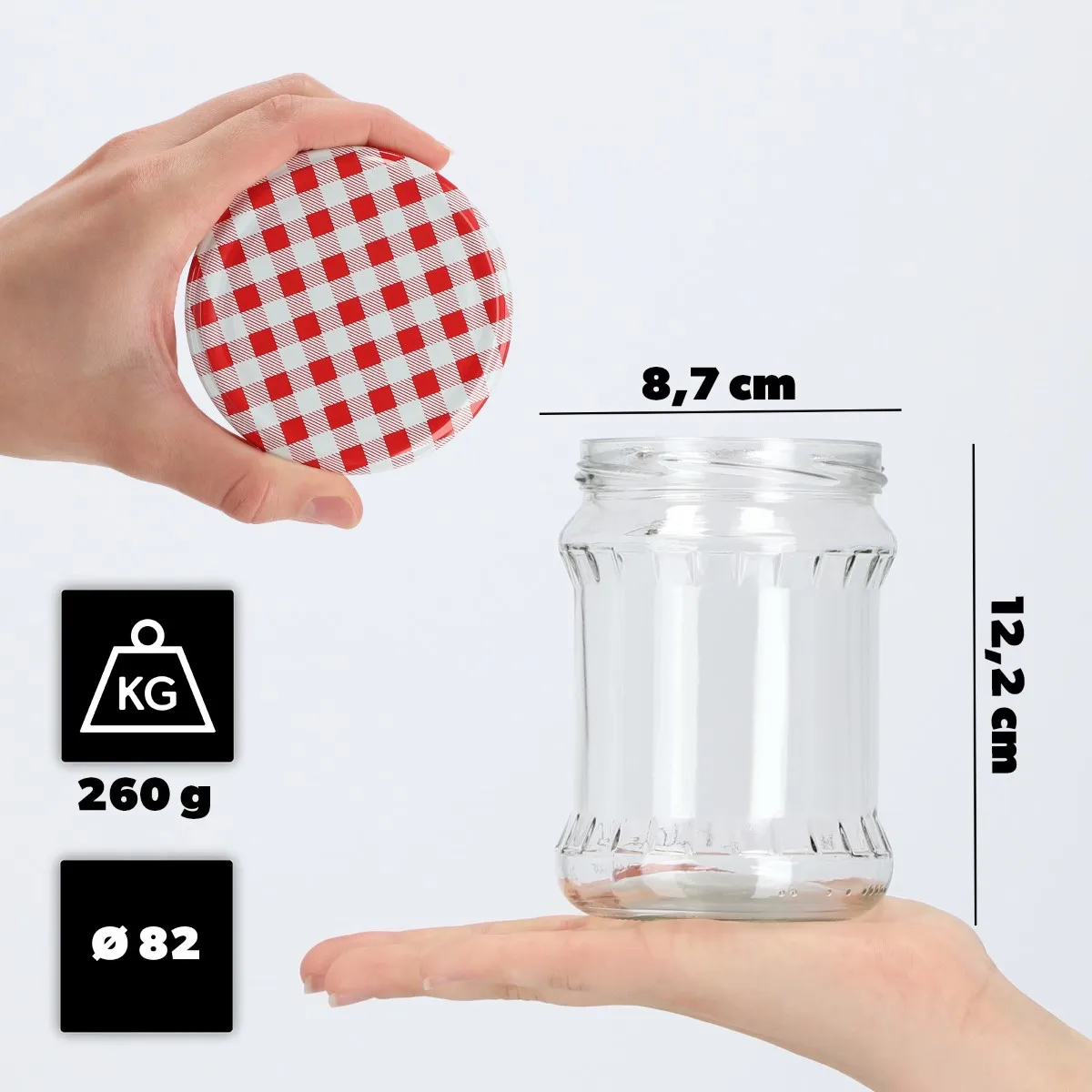 Kisko konservavimo stiklainiai 500 ml, 16 vnt., 82 mm + dangteliai su raudonomis grotelėmis