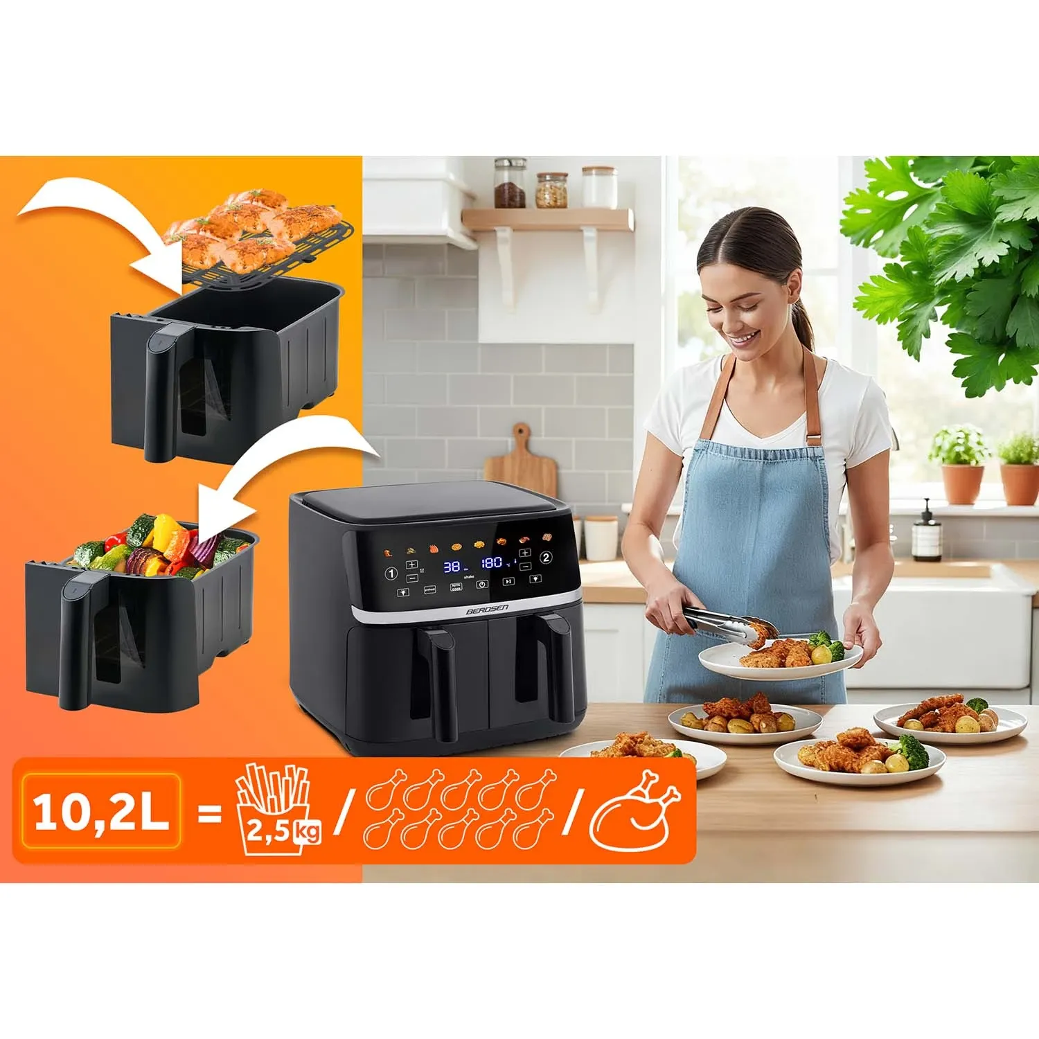 Didelė oro gruzdintuvė 10,2 l, XL dvigubos kameros, Berdsen BD-657, 1700 W, juoda - nuotrauka 1