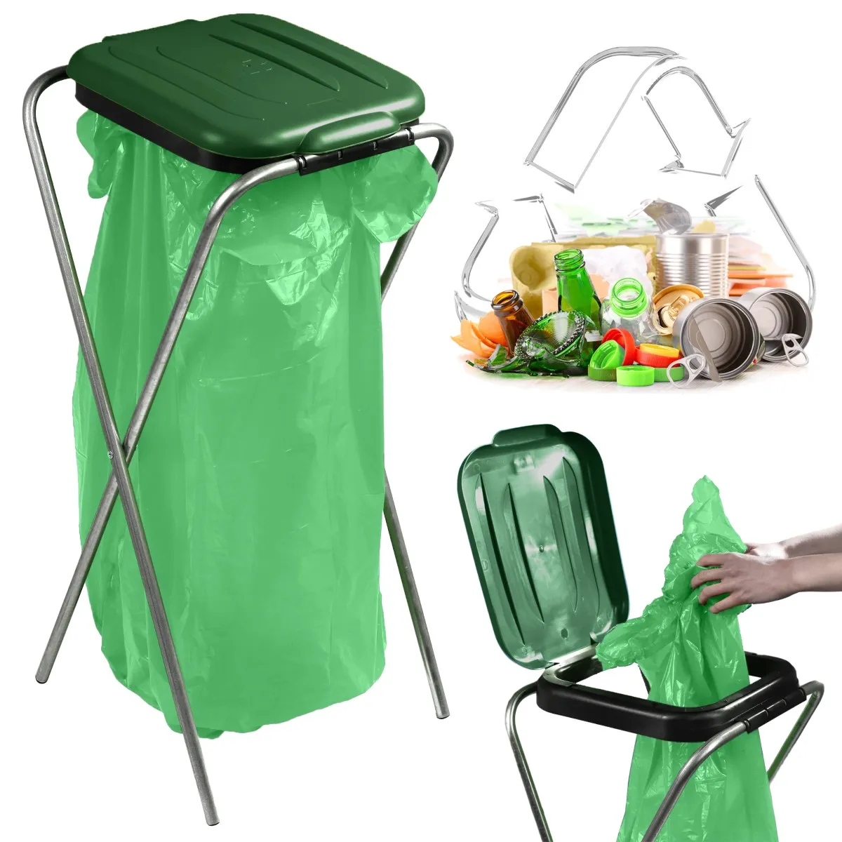 Bakel vienkartinių atliekų rūšiavimo maišų stovas, žalias