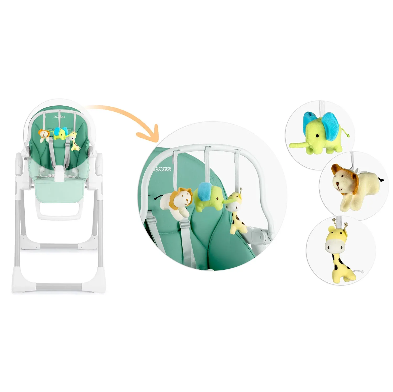 Maitinimo kėdutė su staliuku, „Belo“ šokinėjimo kėdutė, žalia + apsauginis lankelis - nuotrauka 1