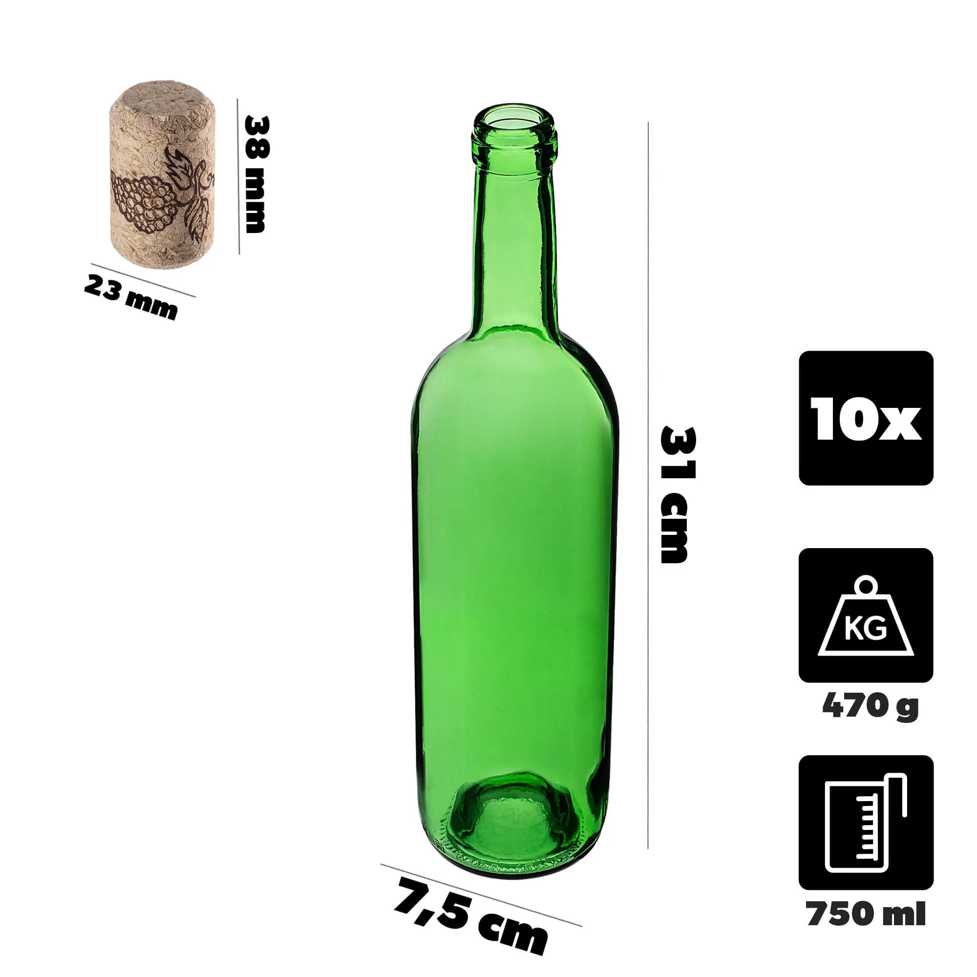 Biagio vyno buteliai 750 ml, žali, su aglomeruotu kamščiu, 10 vnt.
