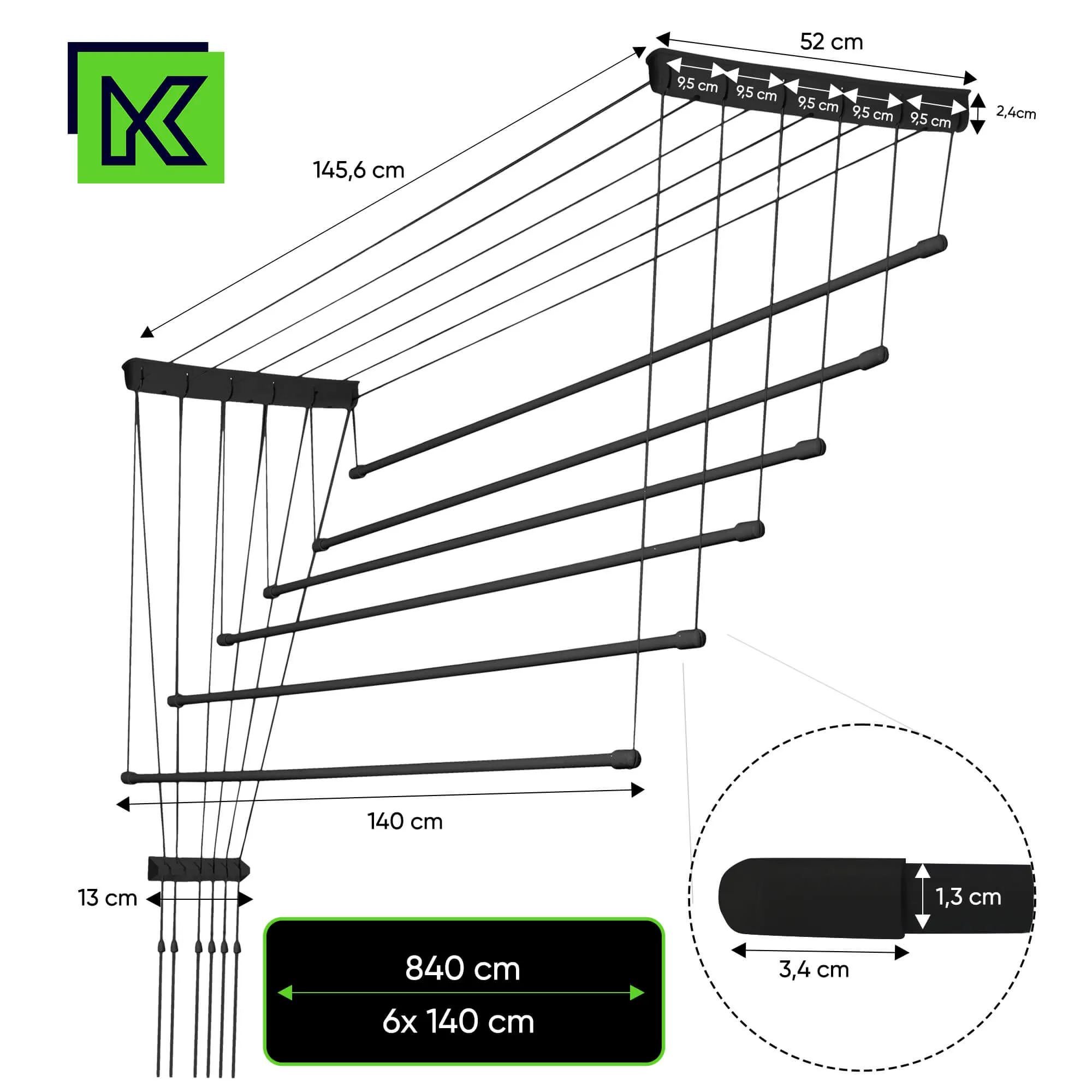 „Torp“ lubinė drabužių džiovyklė, 6 stovai, 140 cm, juoda