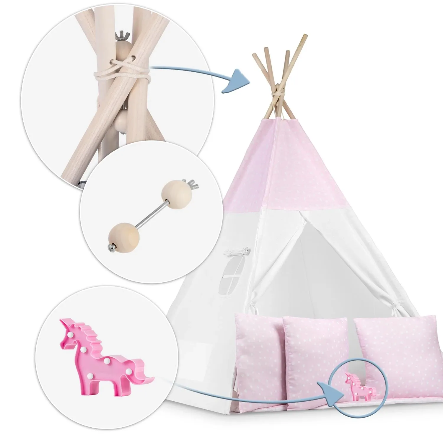 Vaikiška tipi palapinė su lemputėmis - rožinė su taškeliais - nuotrauka 1