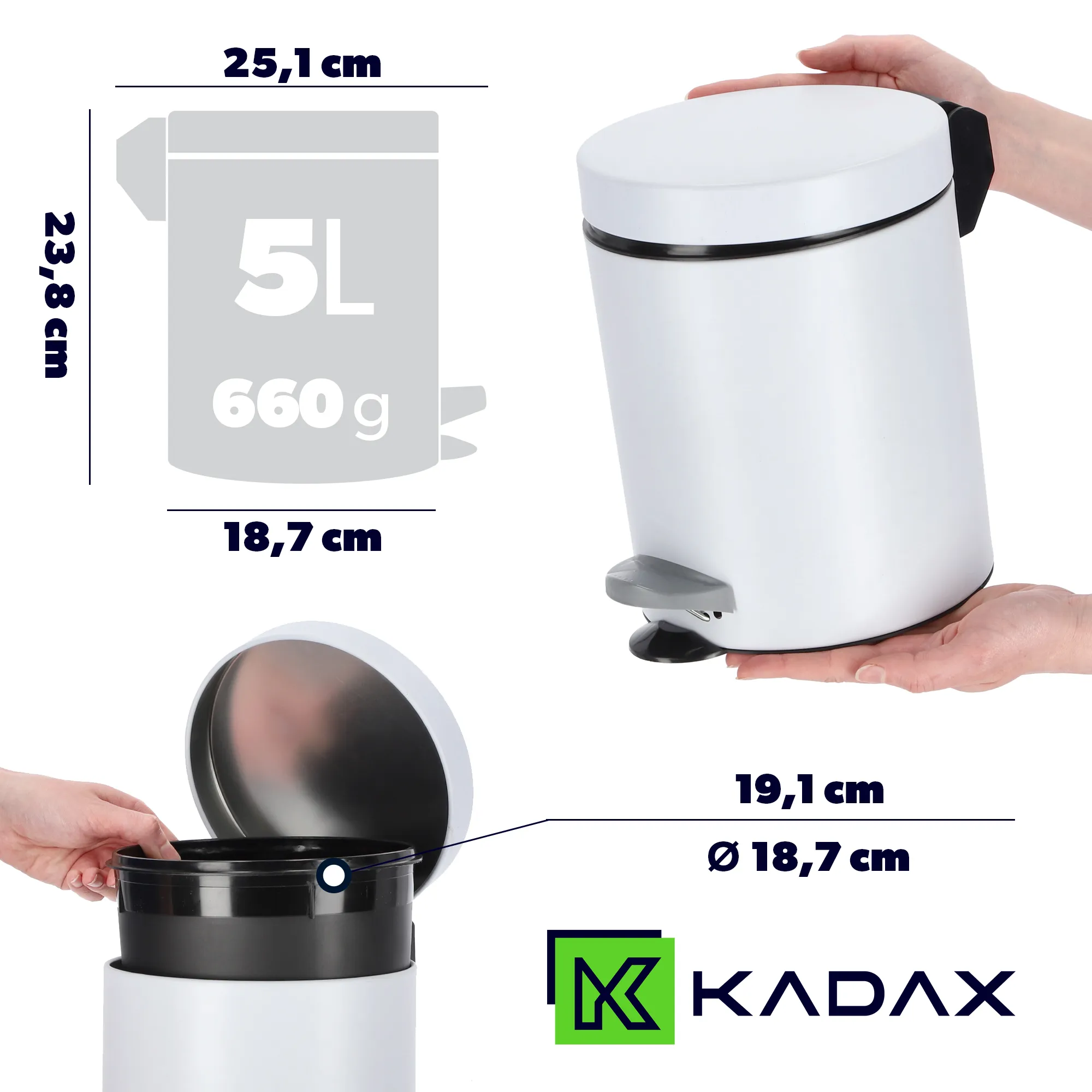 „Melfi“ 5 l plieninė šiukšliadėžė, balta