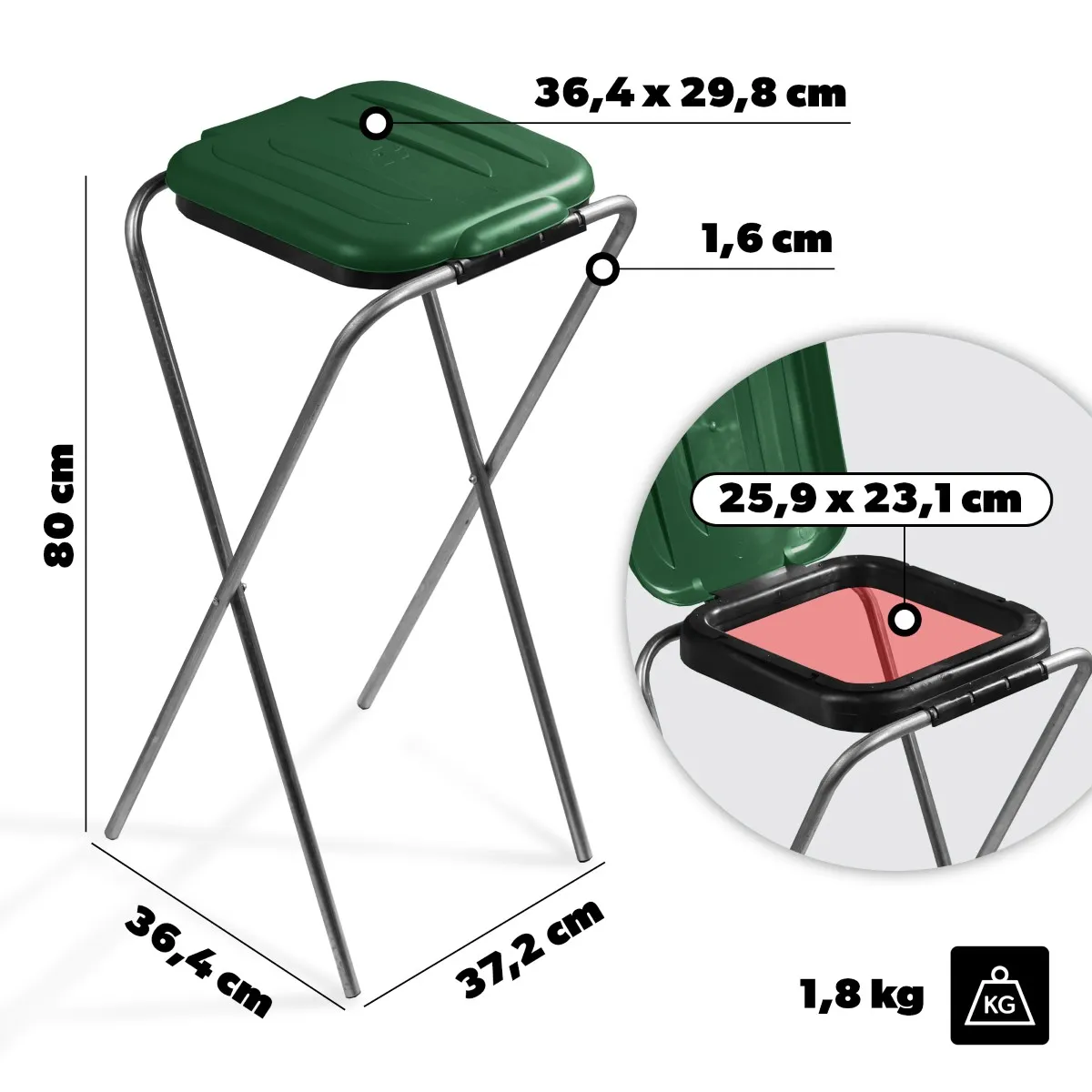 Bakel vienkartinių atliekų rūšiavimo maišų stovas, žalias