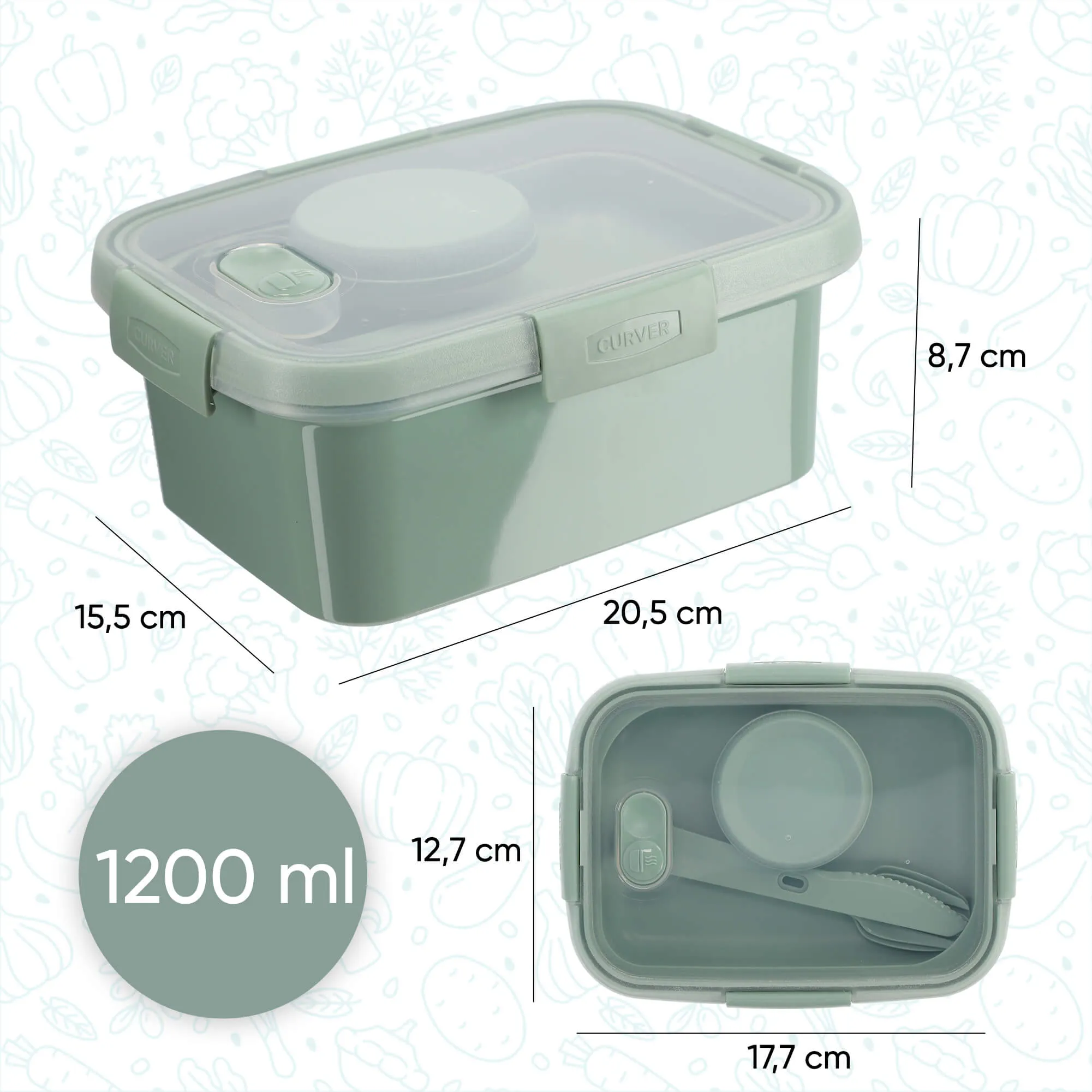 1,2 l išsinešimui skirto pietų rinkinio maisto indelis, žalias