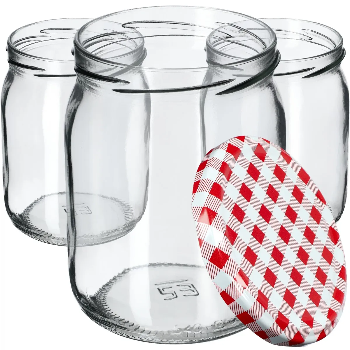 Senos stiklainiai 540 ml, 48 vnt., 82 mm + dangteliai su raudonu tinkleliu