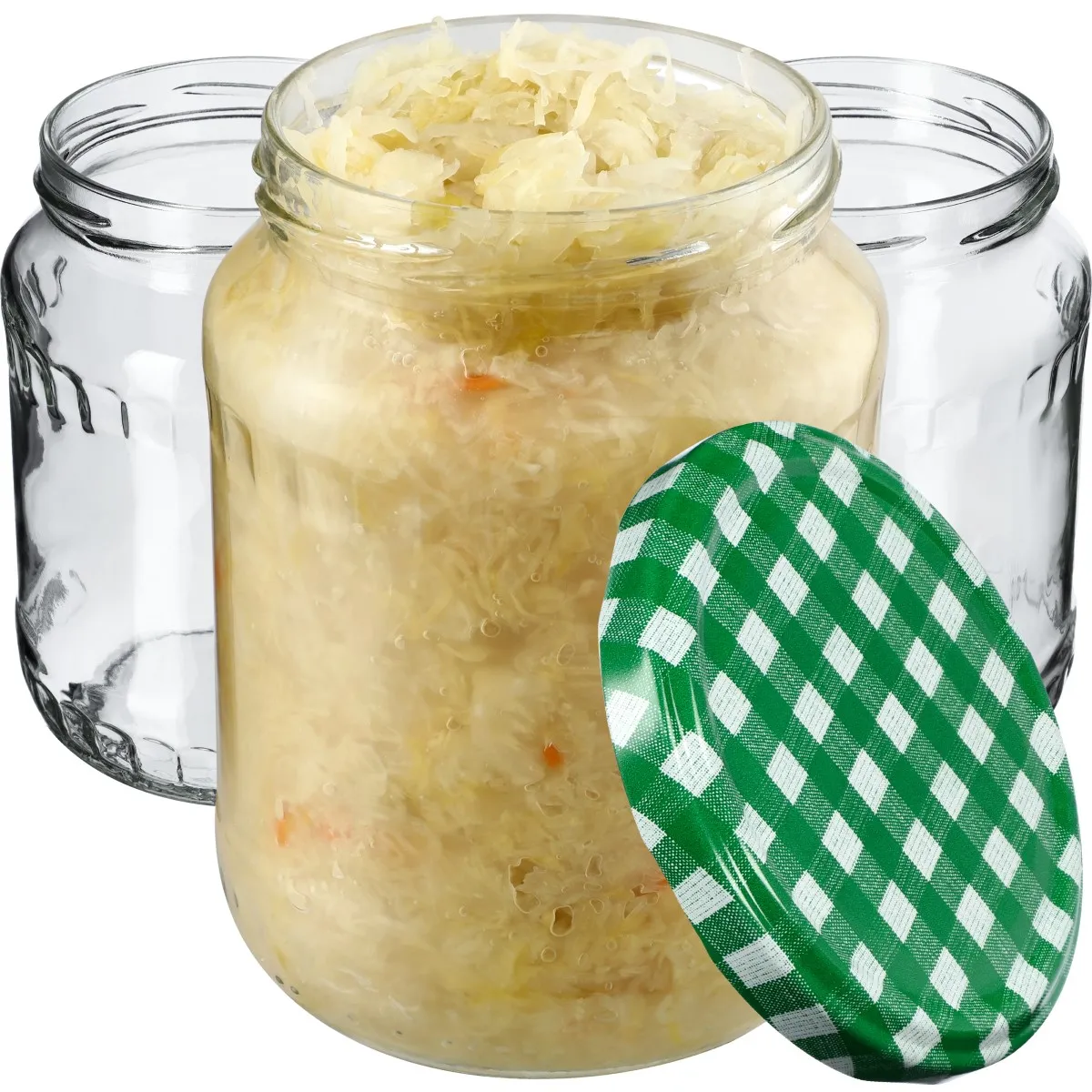 Jukka konservavimo stiklainiai 720 ml, 24 vnt., 82 mm + žalios grotelės dangteliuose