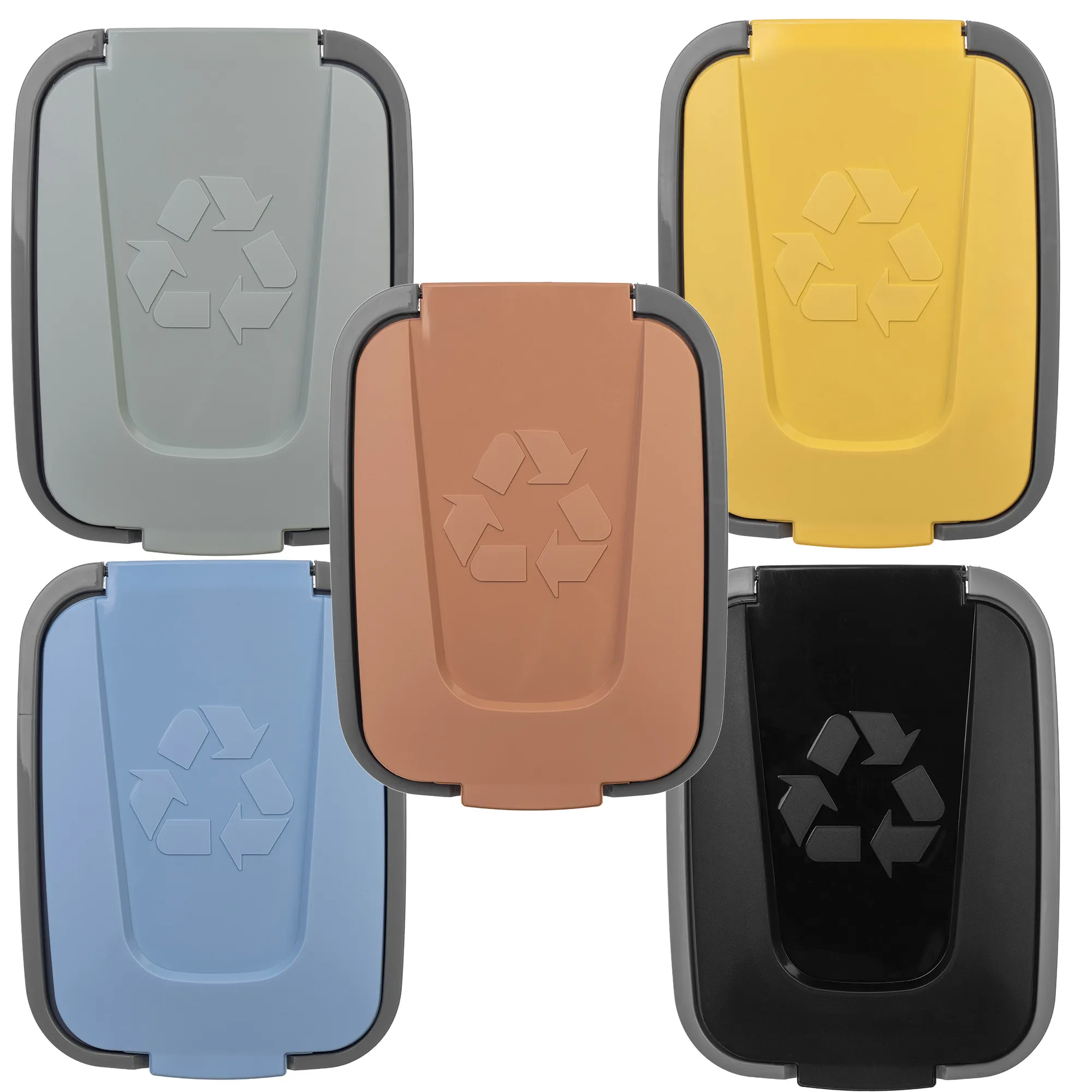 30 litrų šiukšliadėžių rinkinys geltonos, žalios, rudos, mėlynos, juodos spalvos