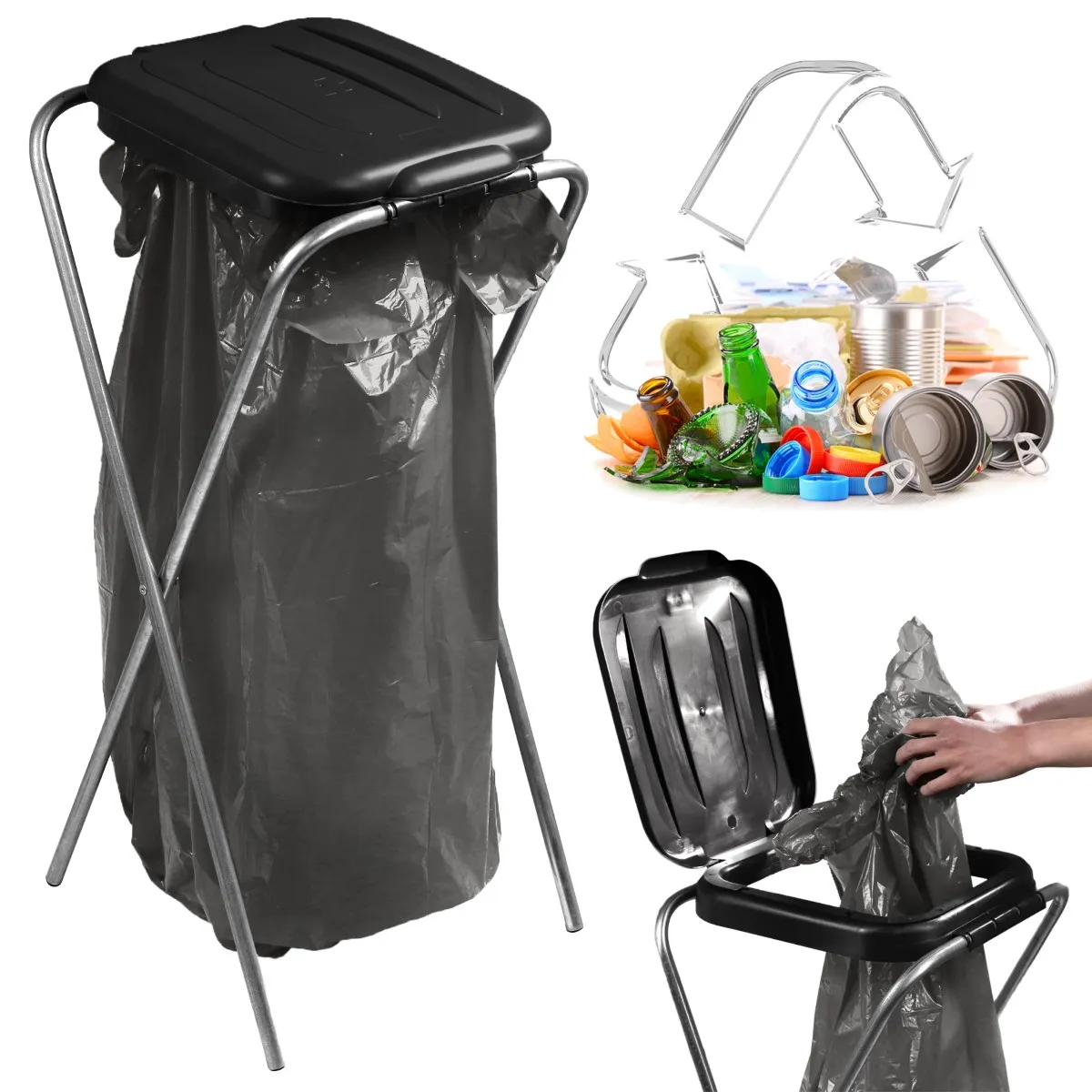 Bakel viengubas juodas atliekų rūšiavimo maišų stovas