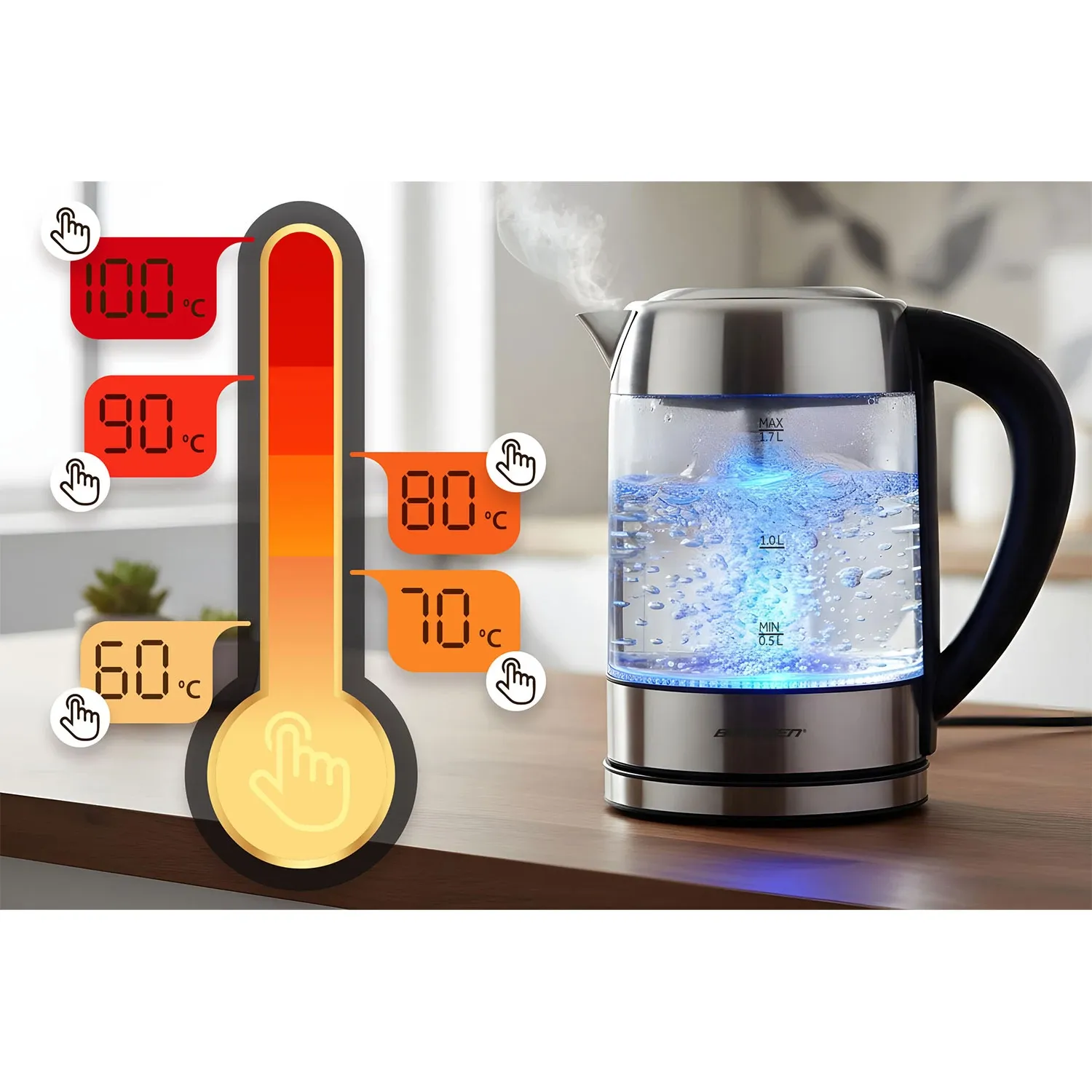 Elektrinis stiklinis virdulys su temperatūros reguliatoriumi 1,7 l 2200 W Berdsen BD-714 - nuotrauka 1