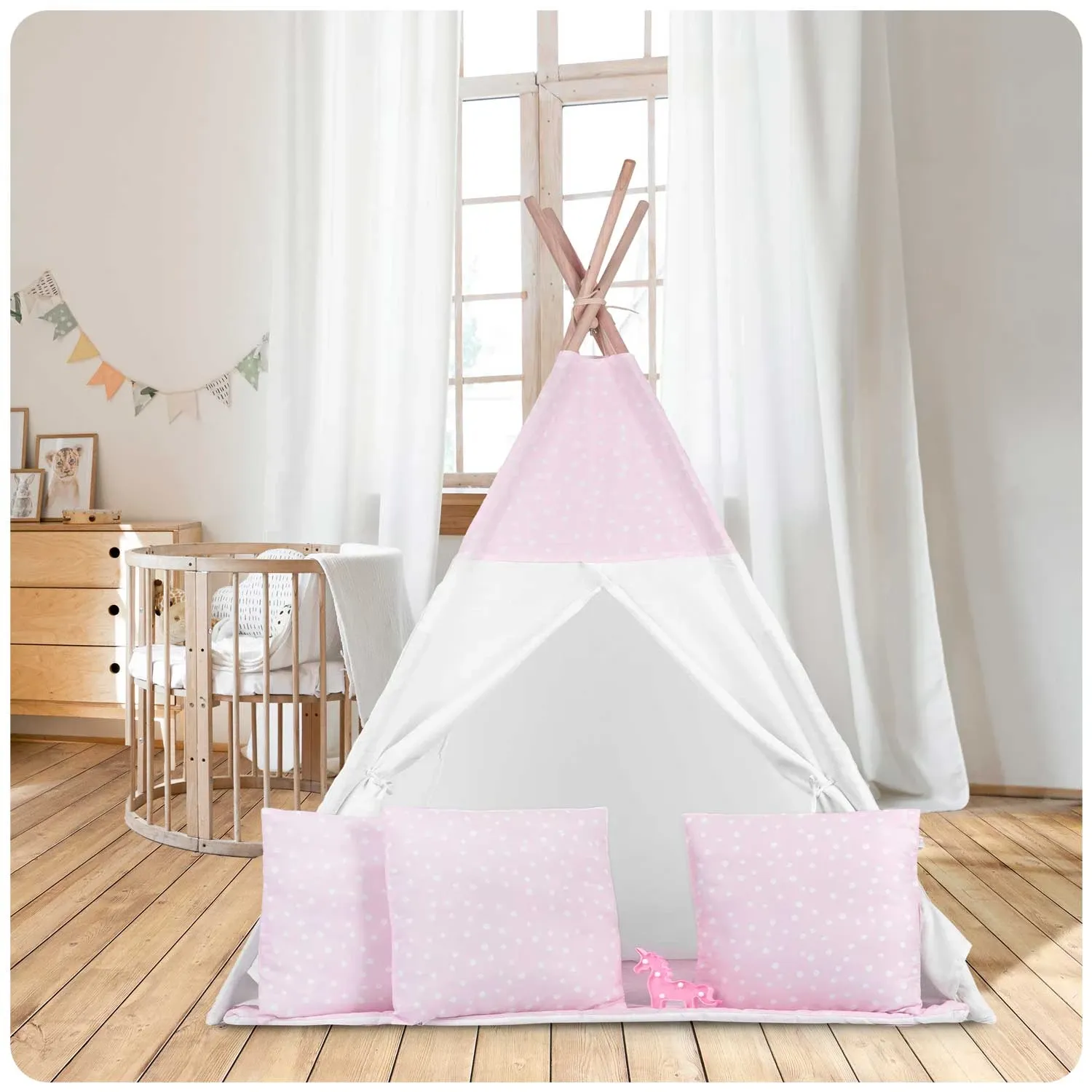 Vaikiška tipi palapinė su lemputėmis - rožinė su taškeliais - nuotrauka 1