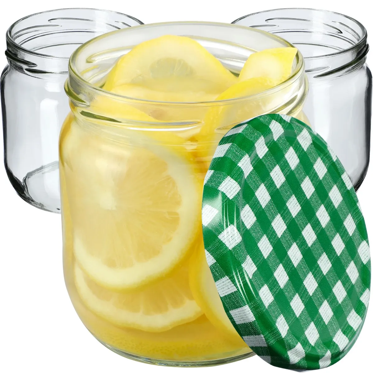Salla konservavimo stiklainiai 425 ml, 12 vnt., 82 mm + žalios grotelės dangteliuose