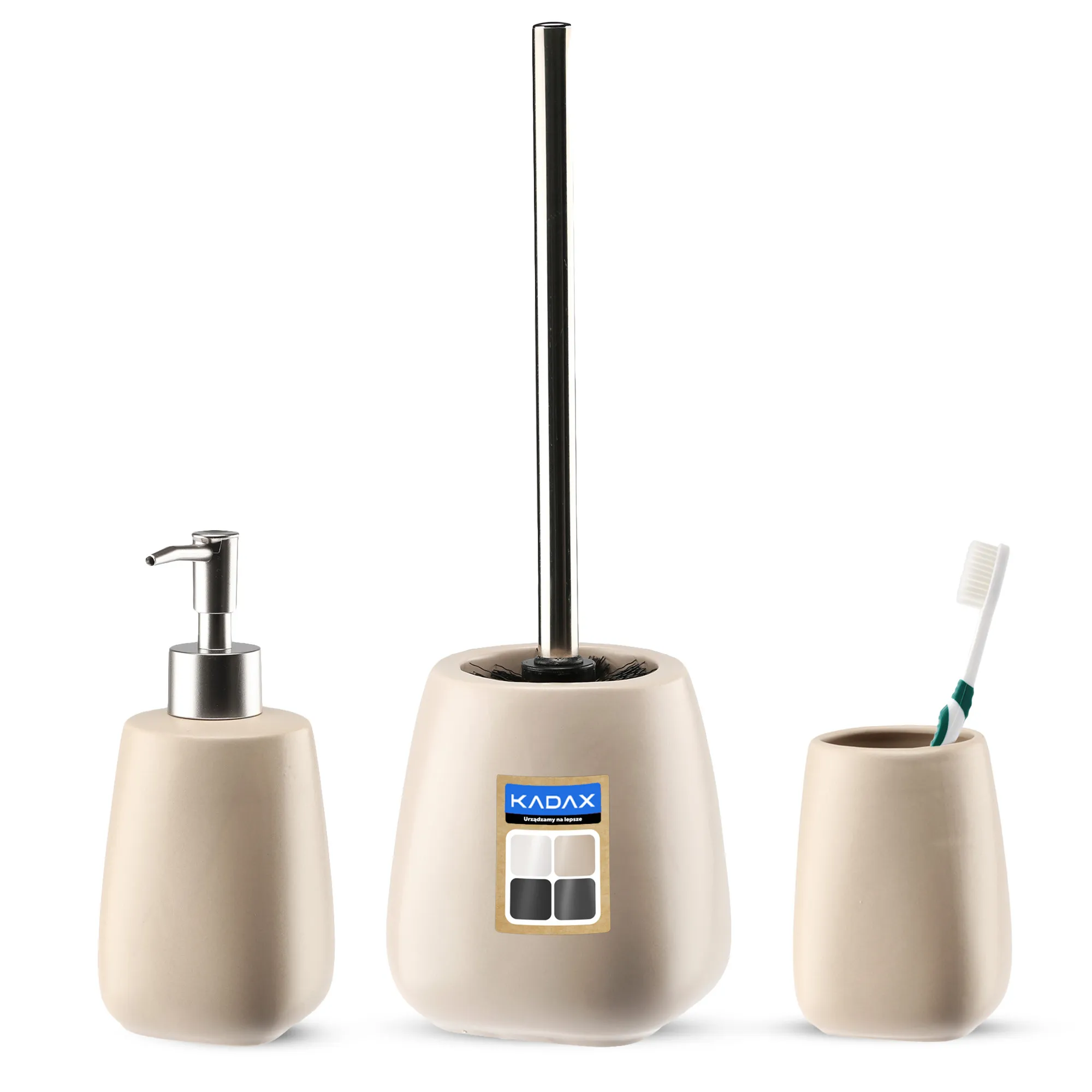 Vonios kambario komplektas: tualetinis šepetys + puodelis + dozatorius, smėlio spalvos