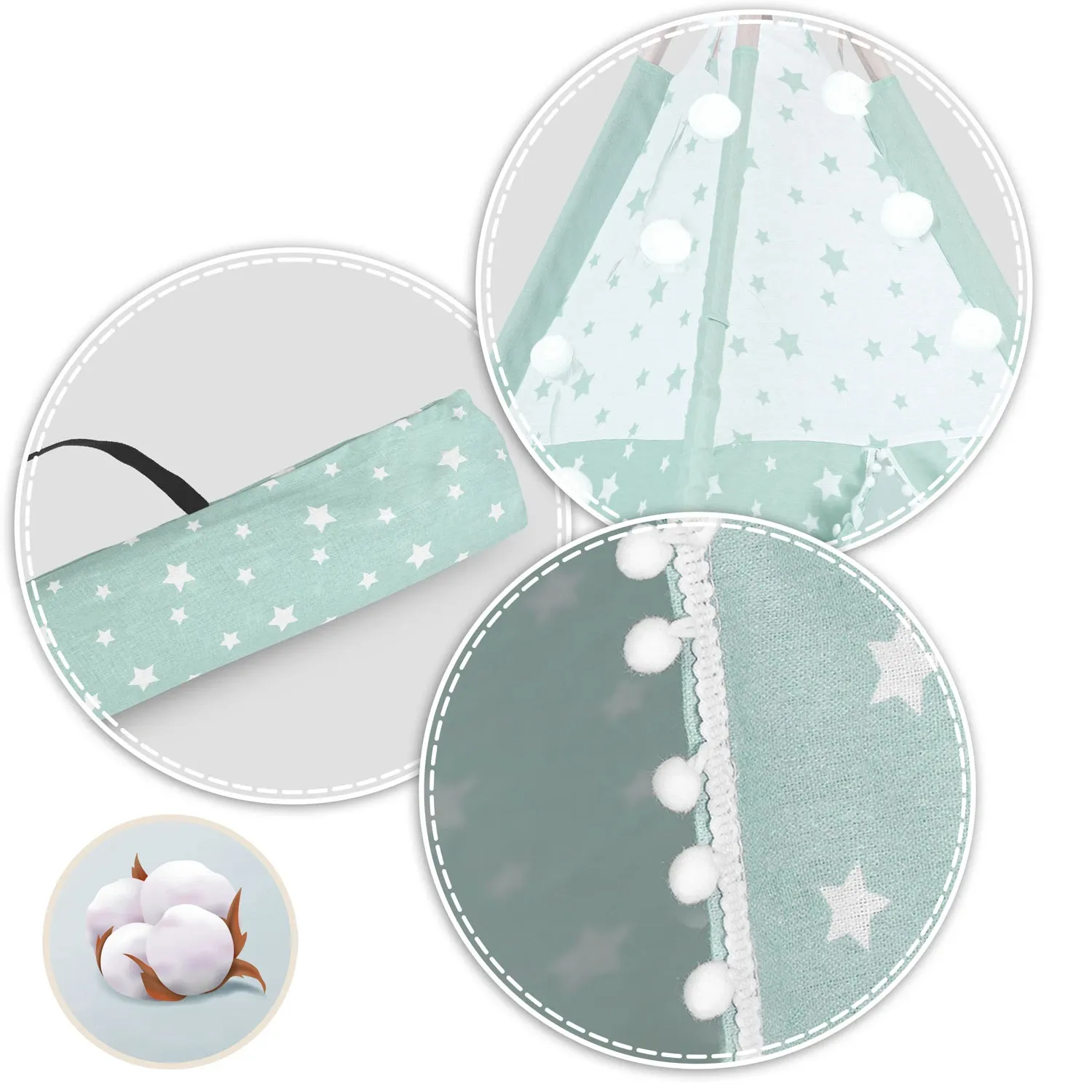 Vaikiška tipi palapinė su lemputėmis - mėtinė su žvaigždutėmis - nuotrauka 1