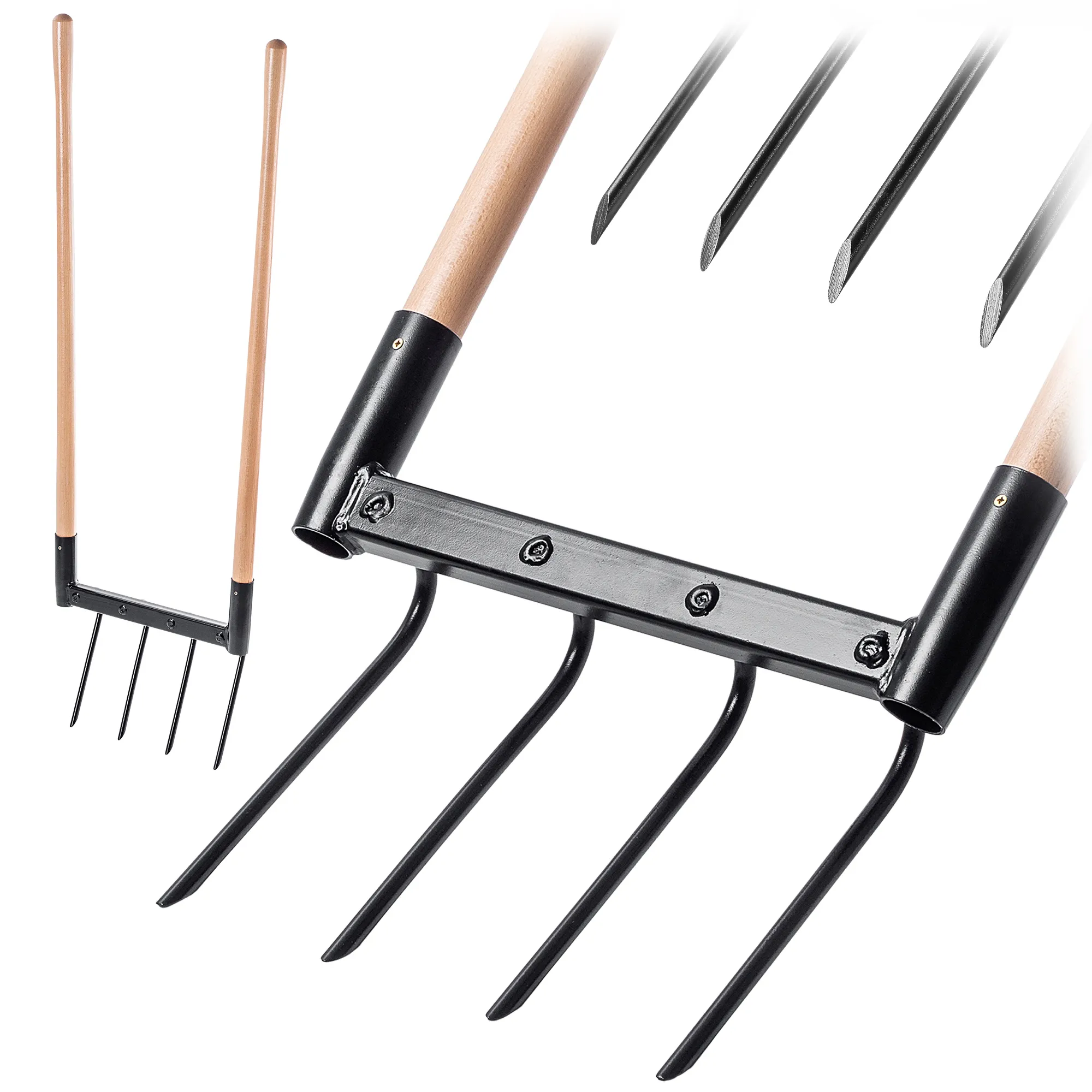 Sodo šakutė dirvos purenimui, 4 dalių, su rankenomis