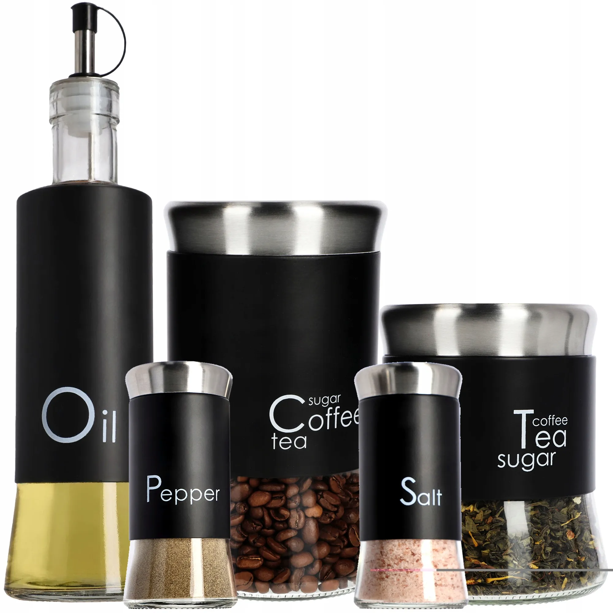 Virtuviniai indeliai kavai, aliejui, druskai, 5 vnt.