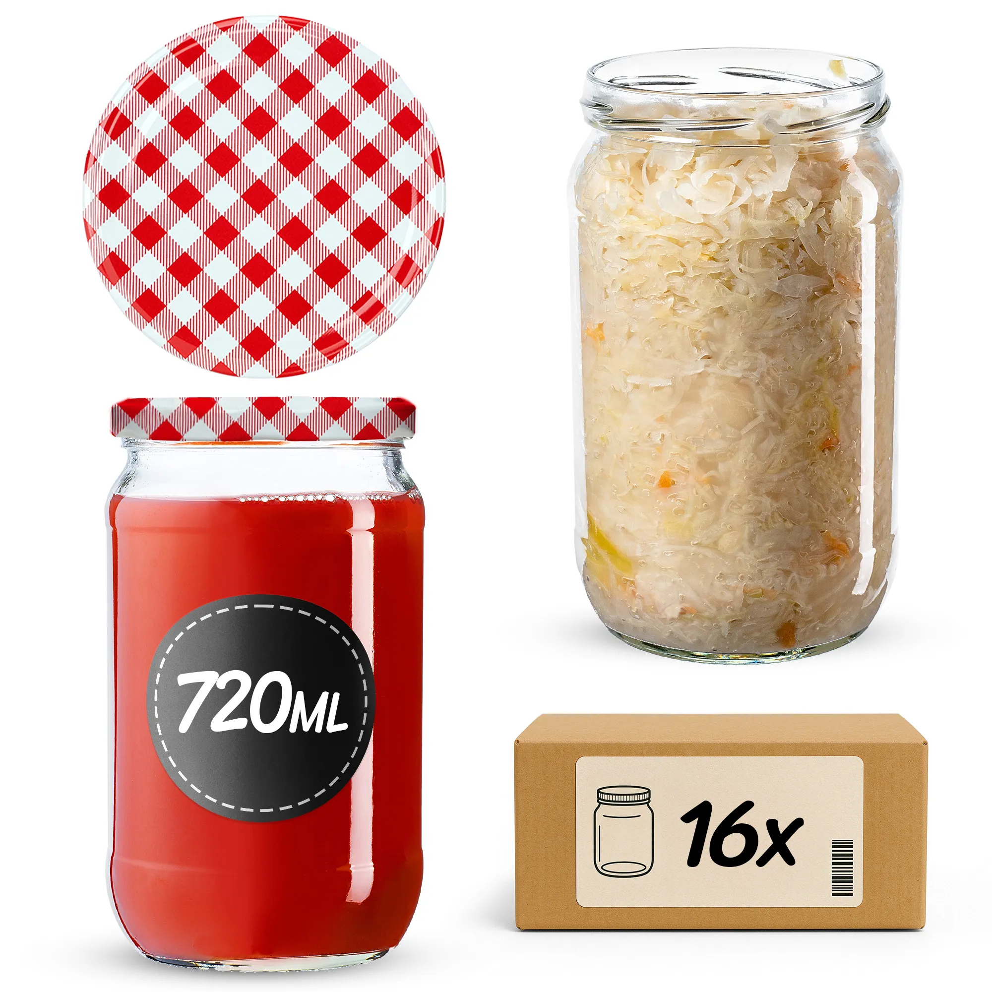 Niva konservavimo stiklainiai 720 ml, 16 vnt., 82 mm + raudoni tinklelio dangteliai