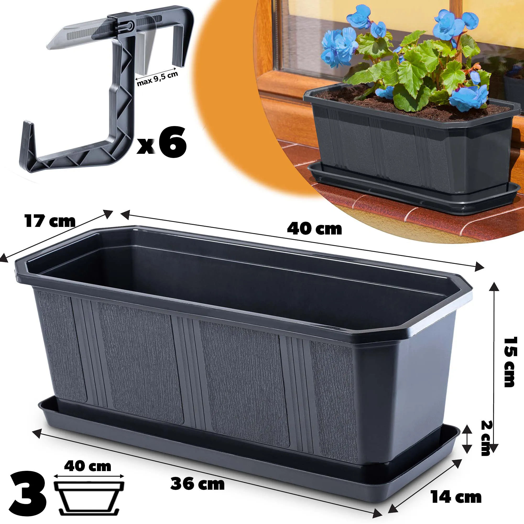 Balkoninis vazonas su rankenėlėmis grafito spalvos Oste 40 cm