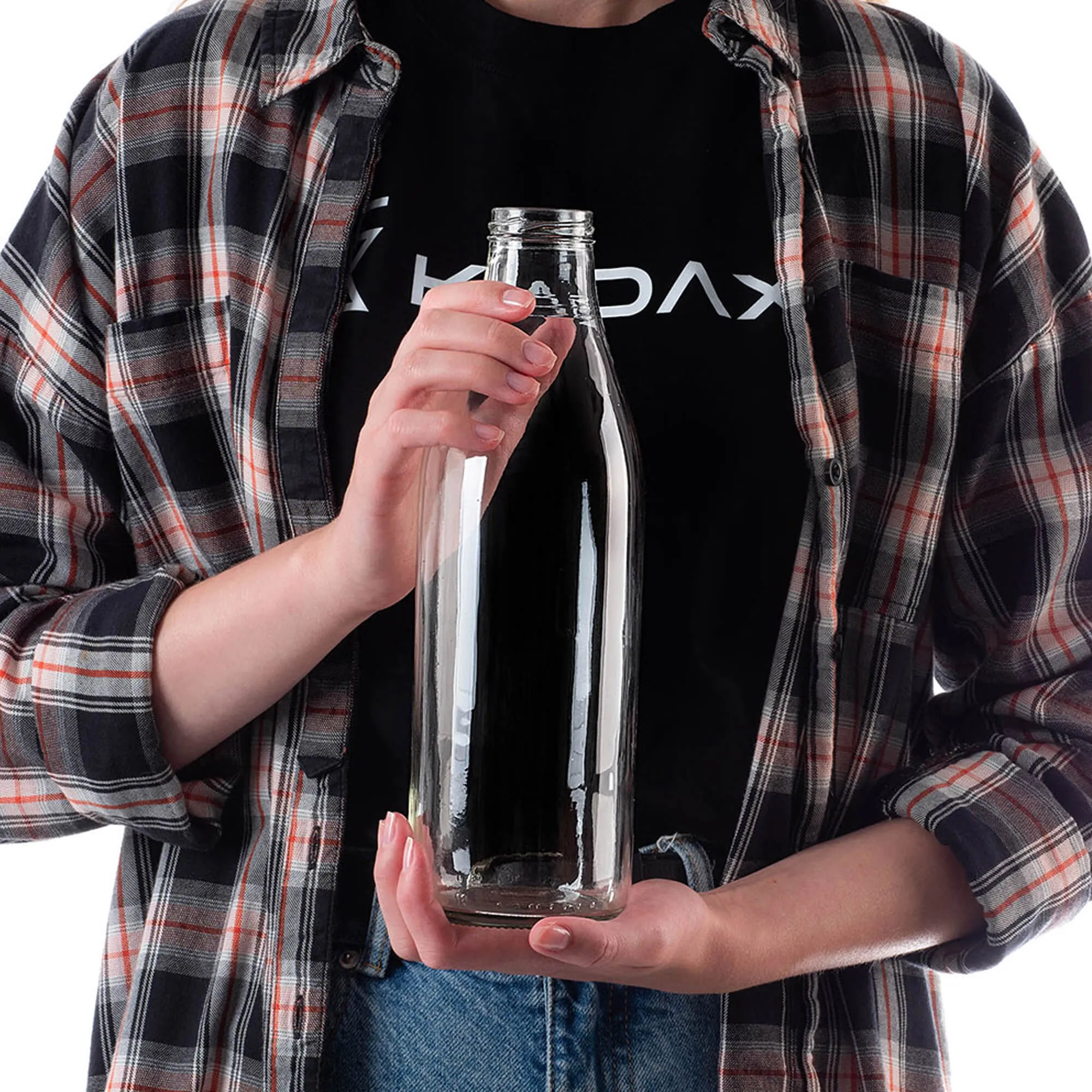 Stikliniai pieno buteliukai 1 l su baltu dangteliu, 43 mm skersmens, 5 vnt.