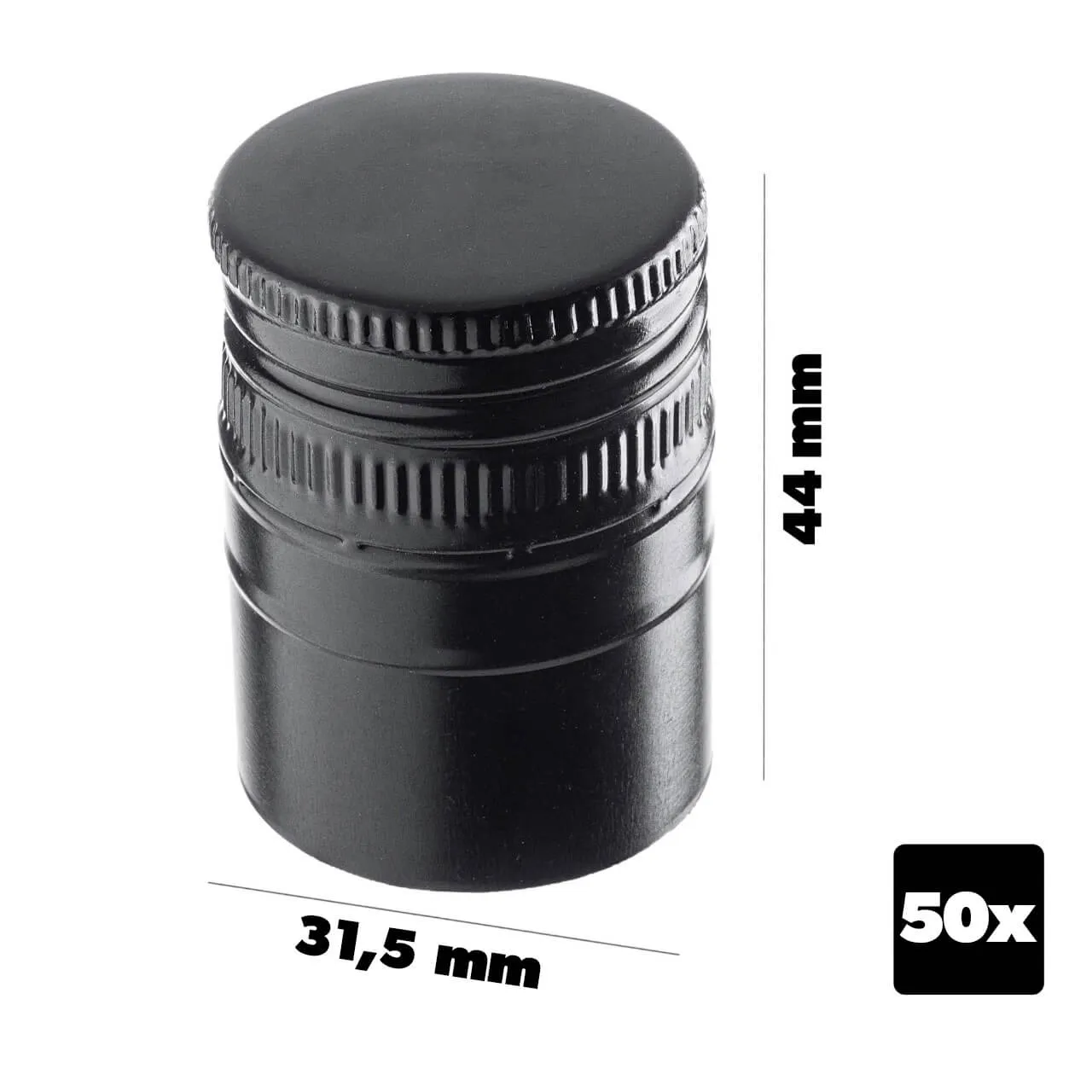„Annot“ aliumininiai butelių kamšteliai, 31,5 mm skersmens, ilgi, juodi, 50 vnt.