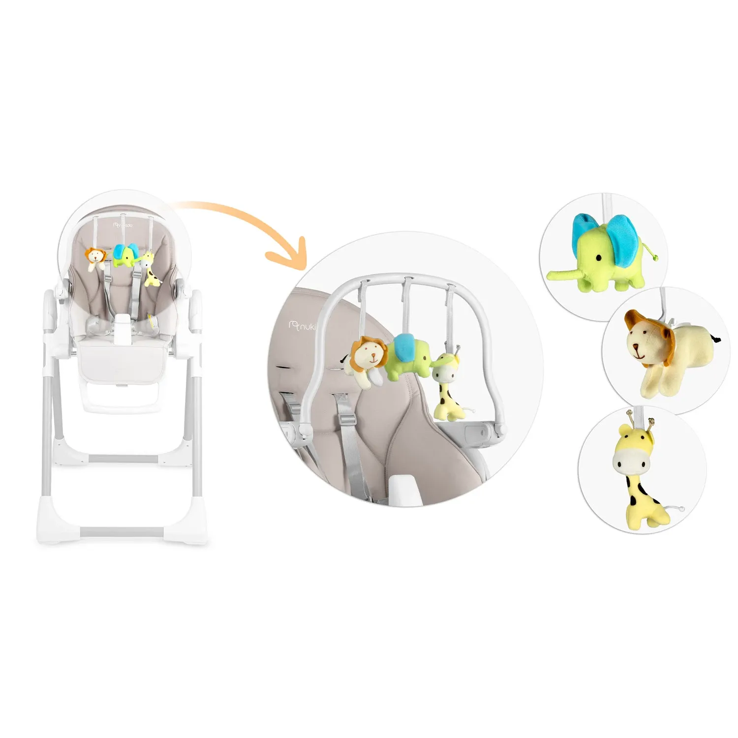 Vaikiška maitinimo kėdutė su staliuku, Belo batutas, pilkas + žaislų laikiklis - nuotrauka 1