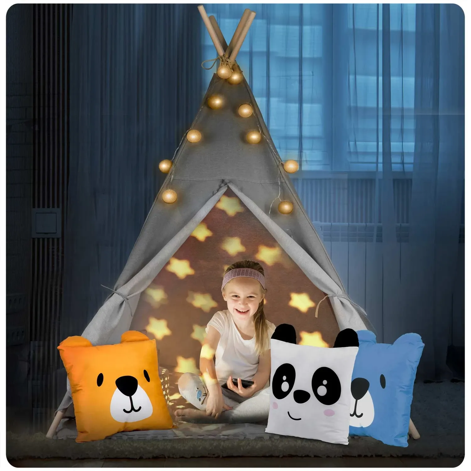 „Nukido“ vaikiška palapinė su šviesomis – pilka - nuotrauka 1