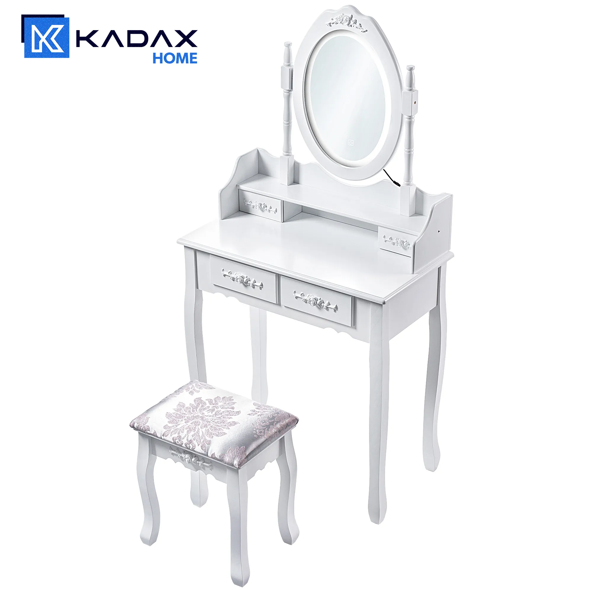 Tualetinis staliukas su veidrodžiu ir taburetėle 147 x 75 cm, baltas