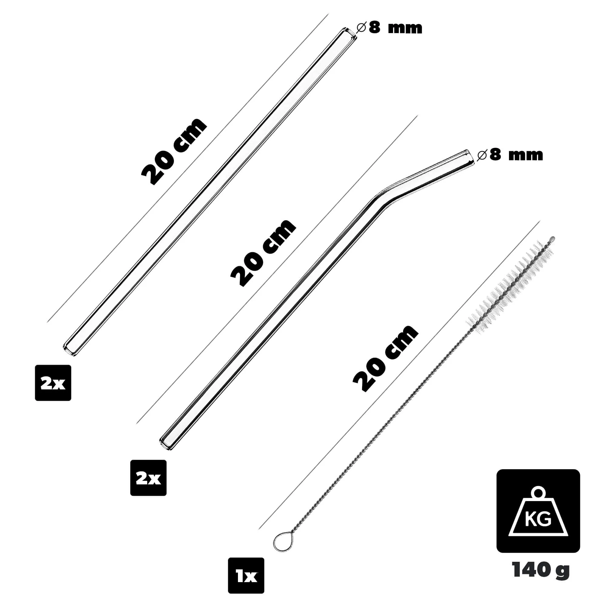 Archi borosilikatinio stiklo vamzdeliai 20 cm 4 vnt. + valiklis
