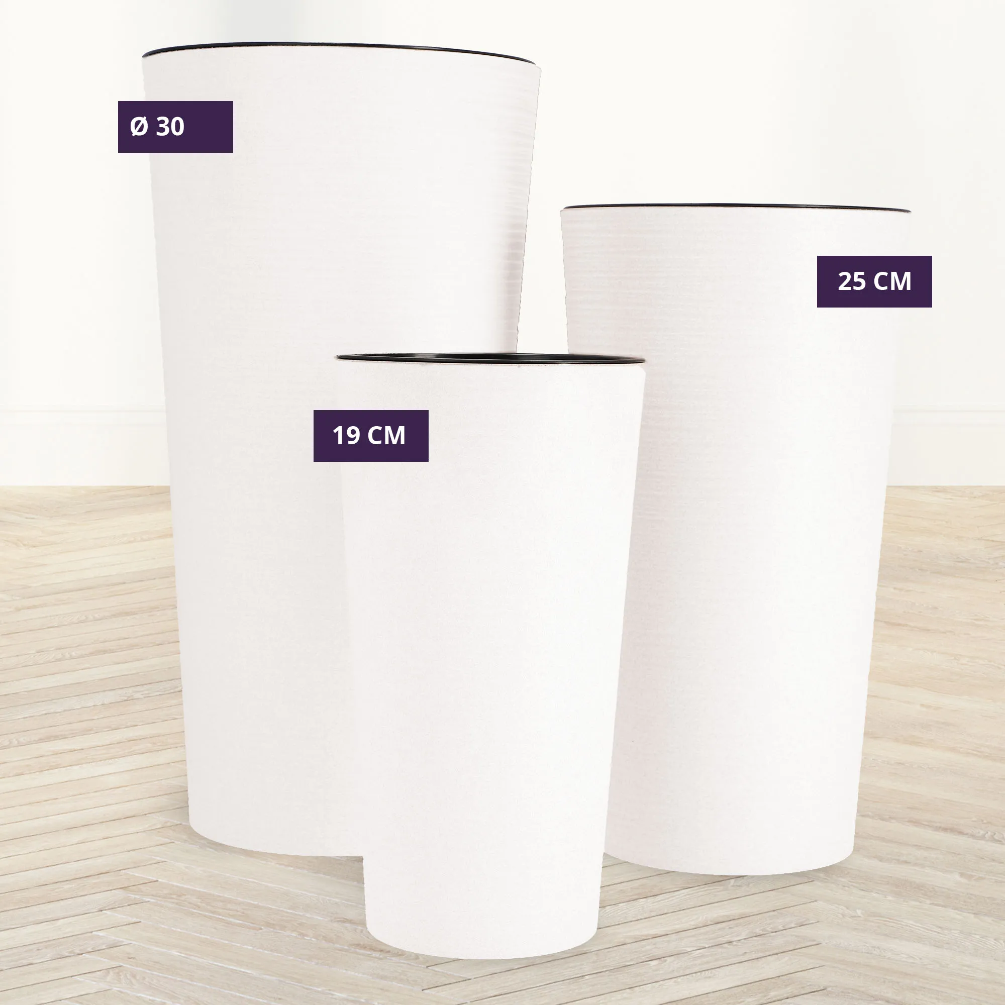 Gėlių vazonai su kaltu 19 cm + 25 cm + 30 cm, balti