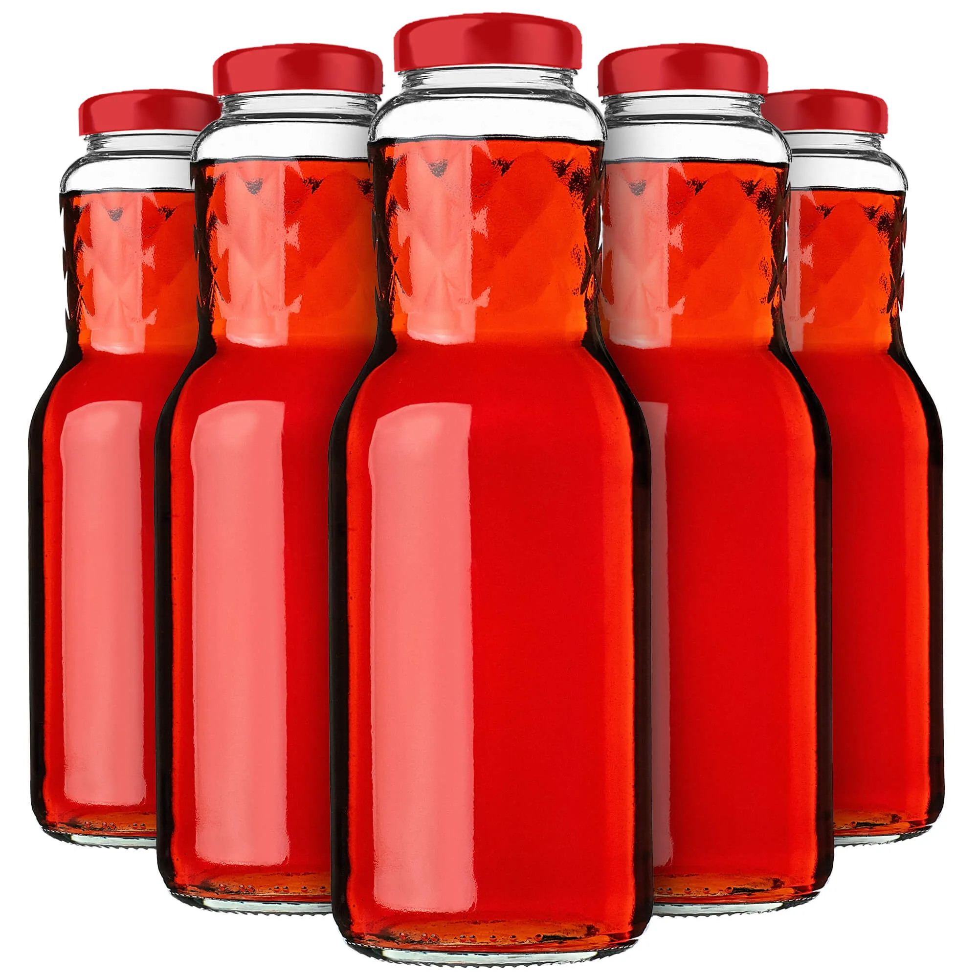 Stikliniai buteliai Sorga sultims 1L + dangteliai FI53 raudoni 5 vnt.