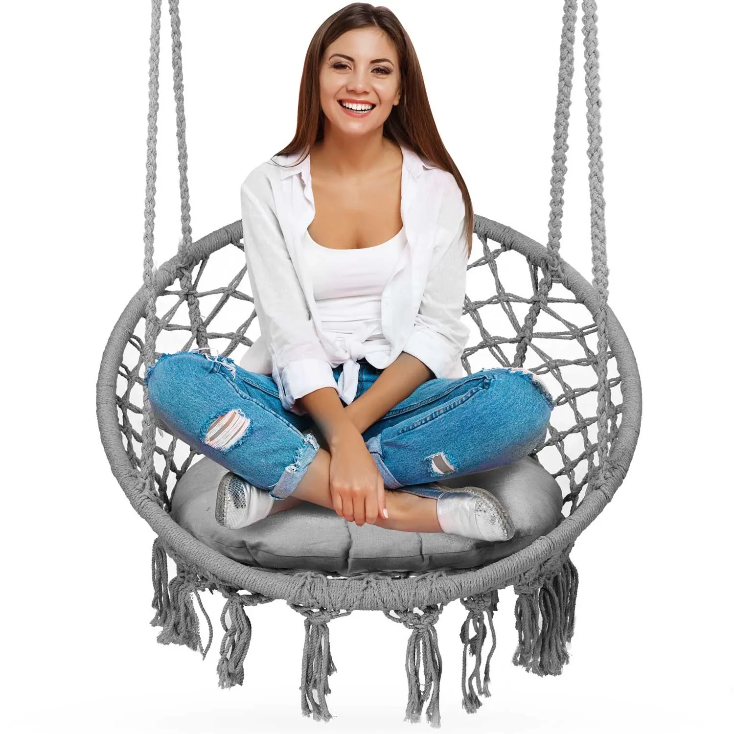 Pakabinamos sodo sūpynės BOHO pilkos + pagalvė - nuotrauka 1