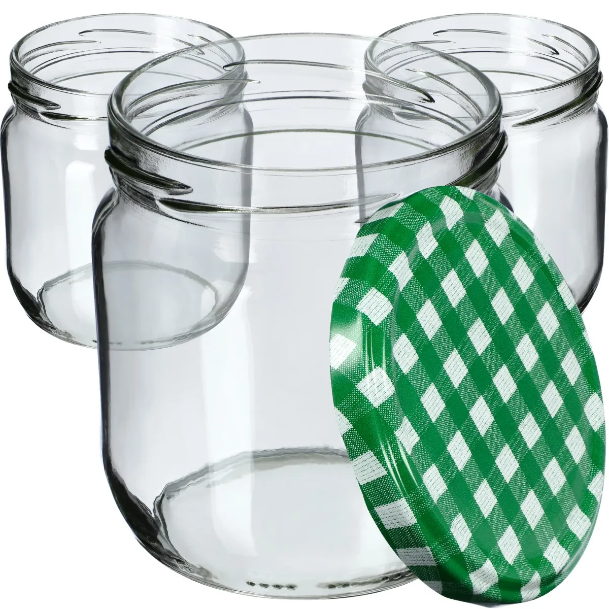 Salla konservavimo stiklainiai 425 ml, 12 vnt., 82 mm + žalios grotelės dangteliuose
