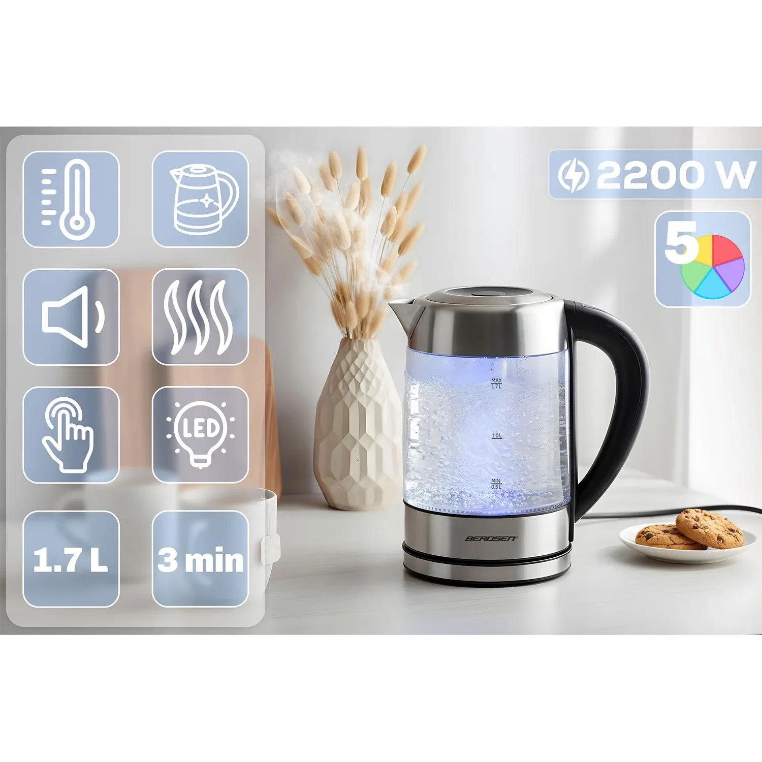 Elektrinis stiklinis virdulys su temperatūros reguliatoriumi 1,7 l 2200 W Berdsen BD-714 - nuotrauka 1