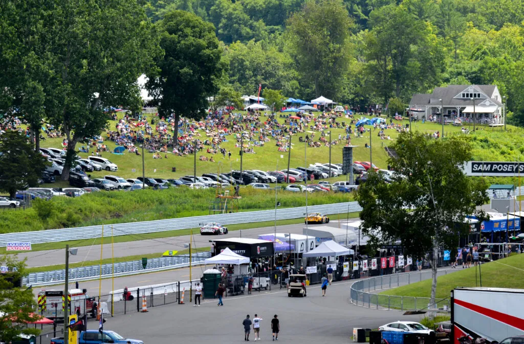 Crowd watching racing at Lime Rock Park racetrack