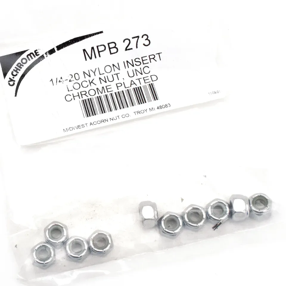 10pck Chrome nylock nuts 1/4-20 UNC