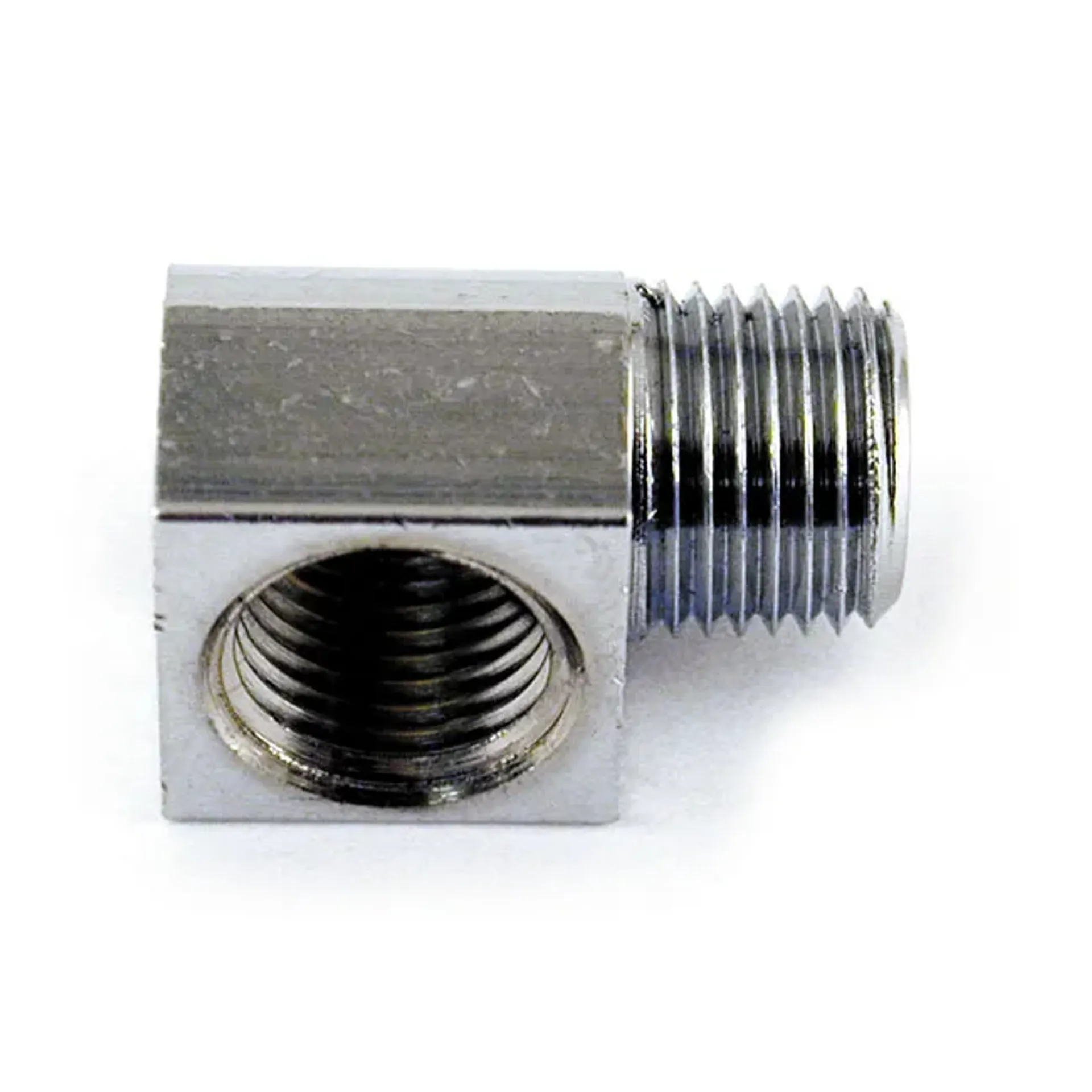 Oil fitting adapter, 90 degree. Chrome
