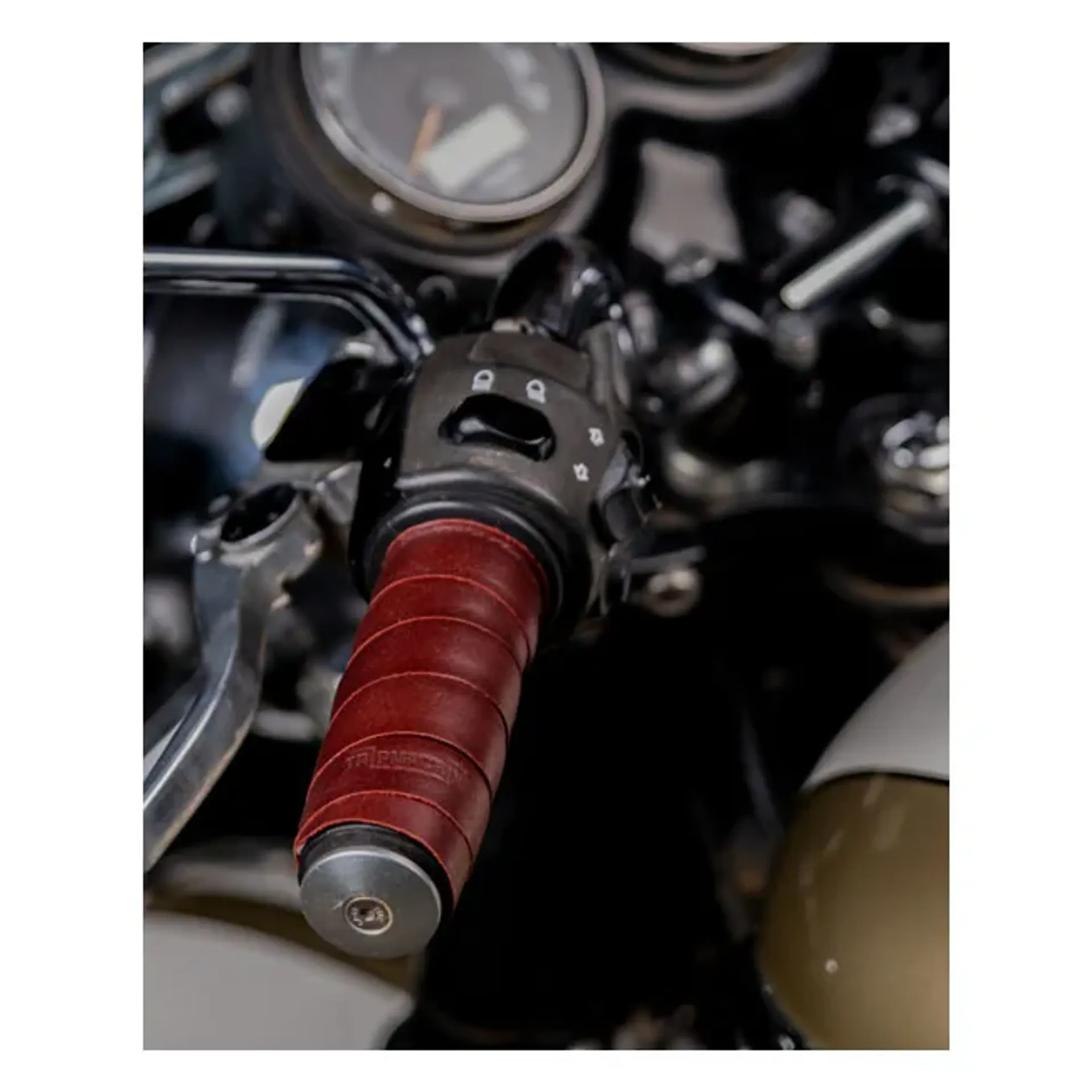 Trip Machine, leather handlebar grip wraps. Cherry red