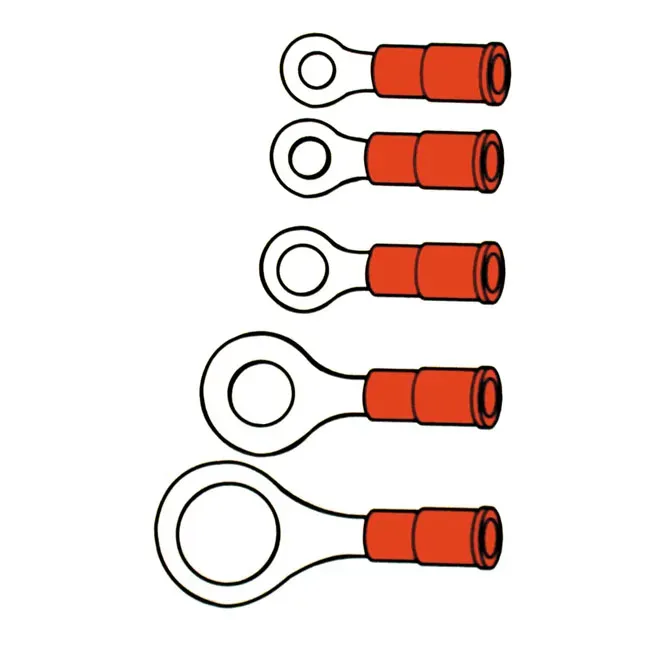 Connectors, ring terminal PVC, crimp. Red 6.35mm