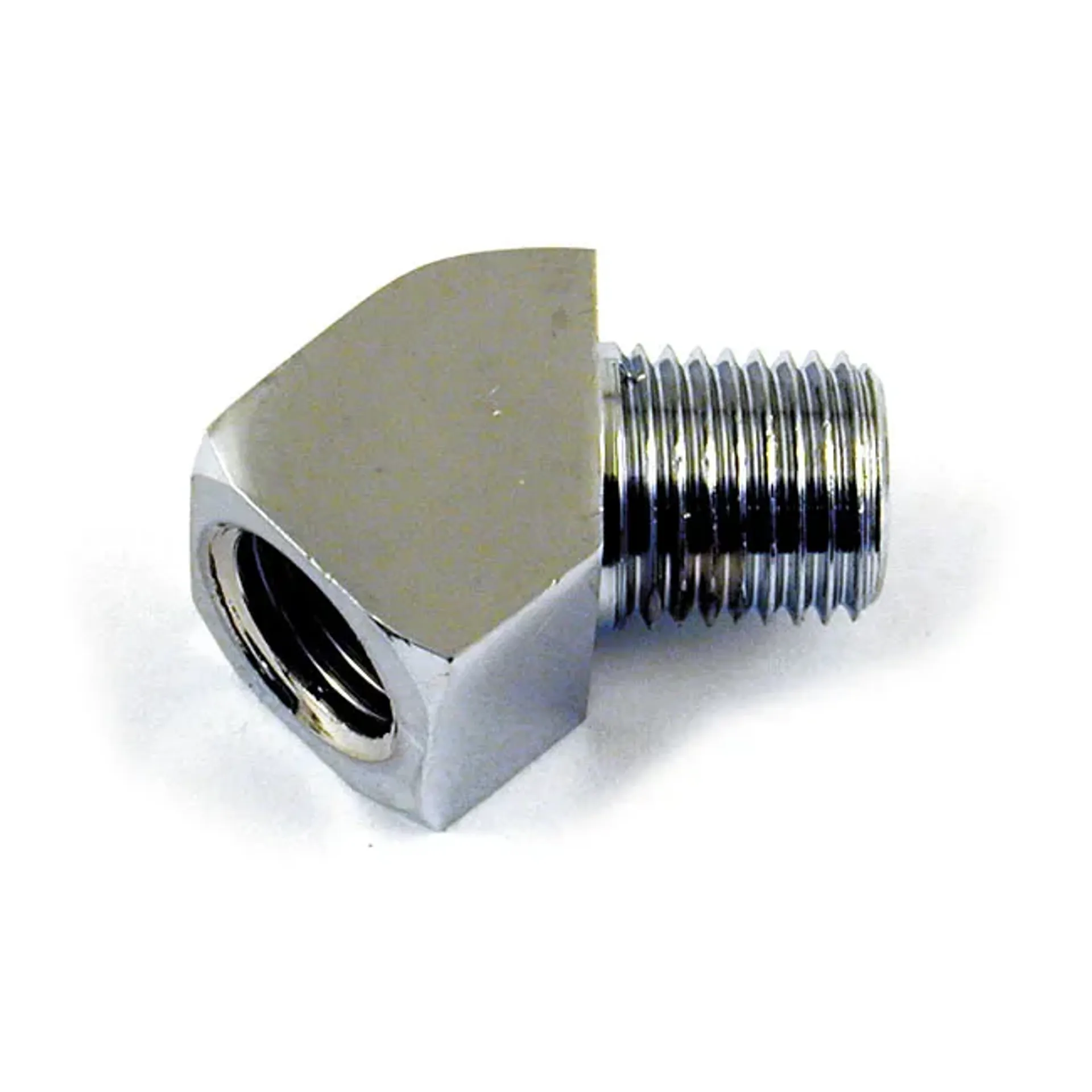 Adapter oil line fitting, 45 degrees. 1/4" NPT. Chrome